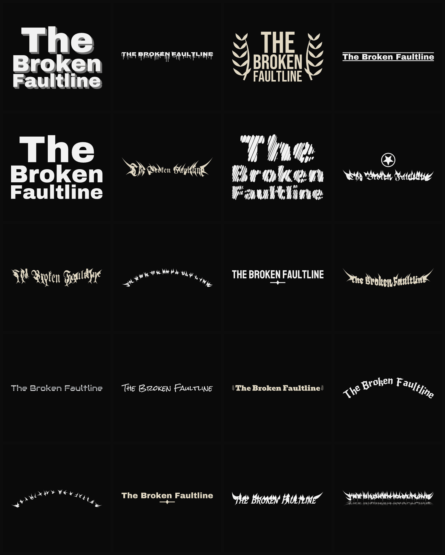 Twenty The Broken Faultline band logo ideas — different faces, treatments and spike settings