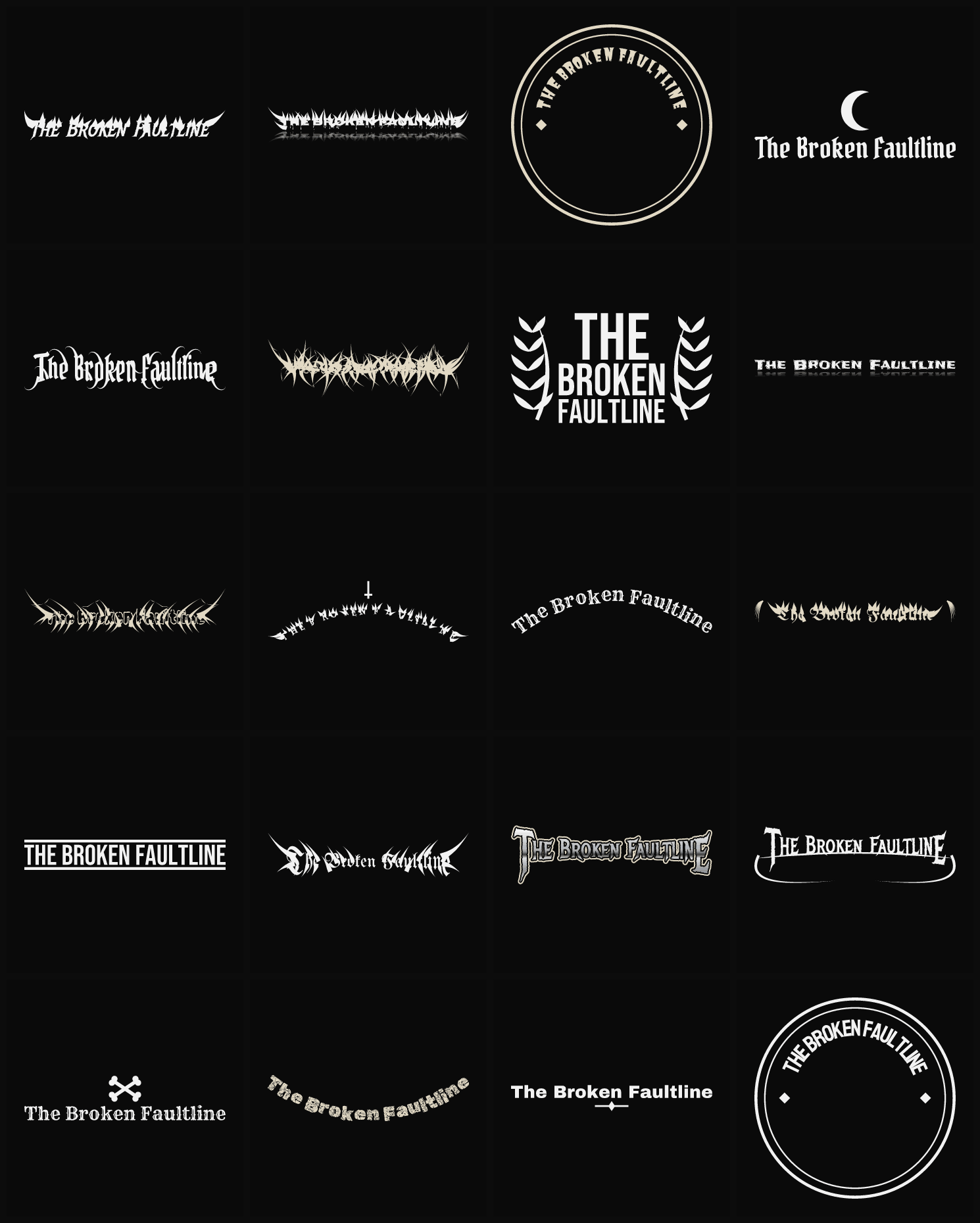 Twenty The Broken Faultline band logo ideas — different faces, treatments and spike settings
