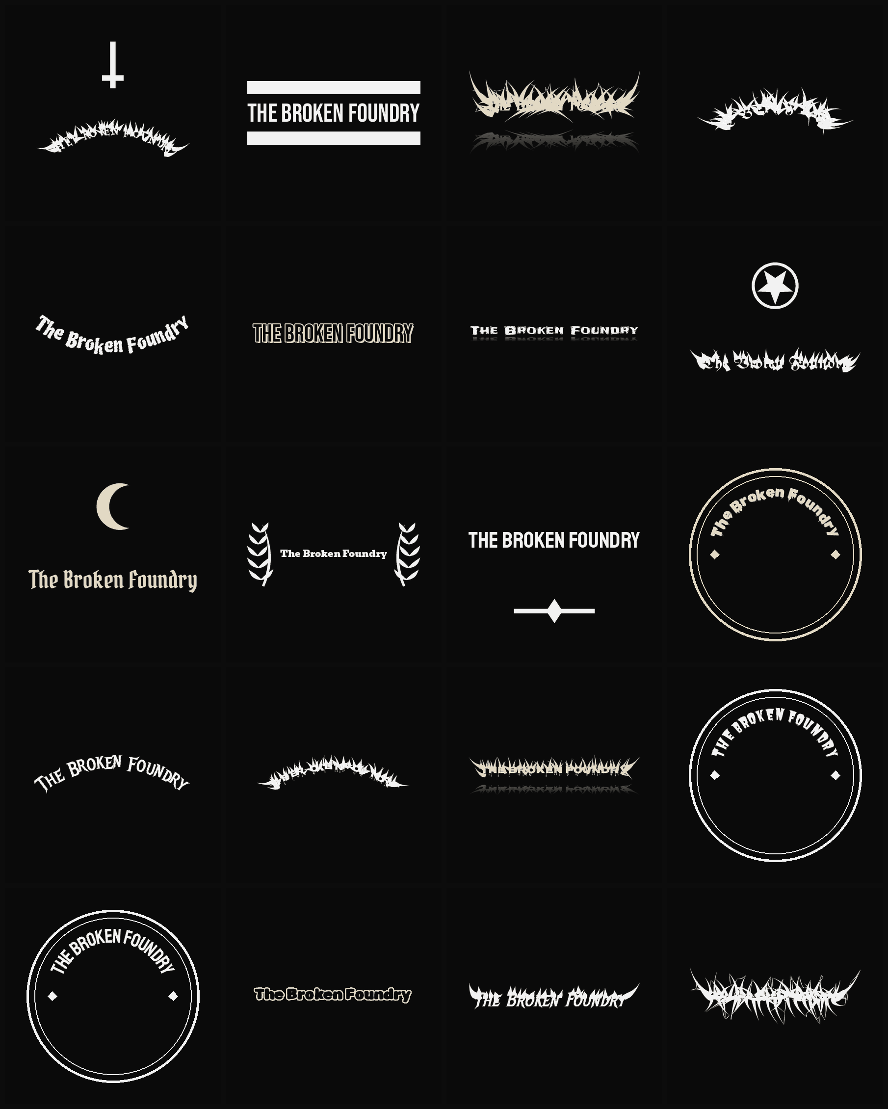 Twenty The Broken Foundry band logo ideas — different faces, treatments and spike settings