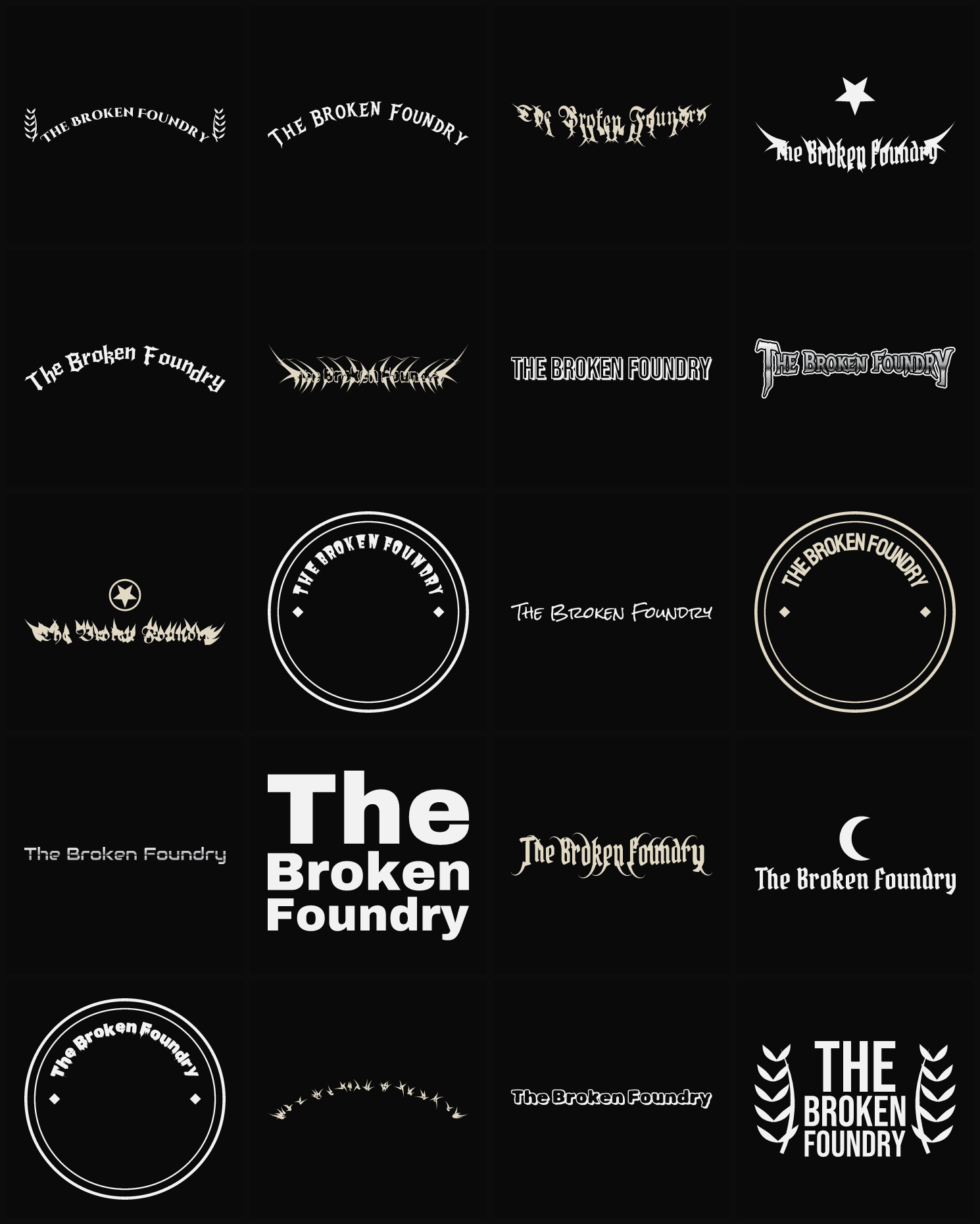 Twenty The Broken Foundry band logo ideas — different faces, treatments and spike settings