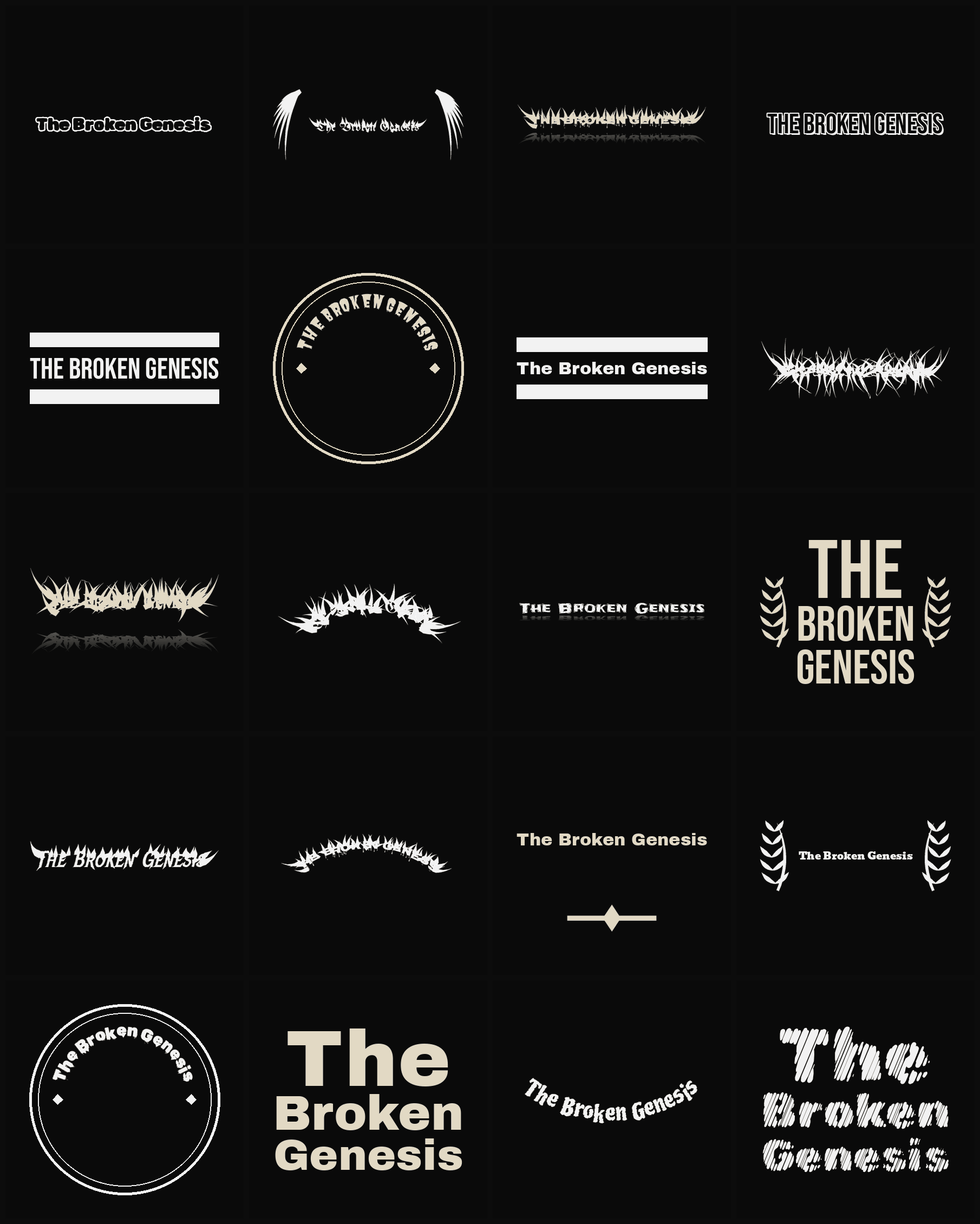 Twenty The Broken Genesis band logo ideas — different faces, treatments and spike settings