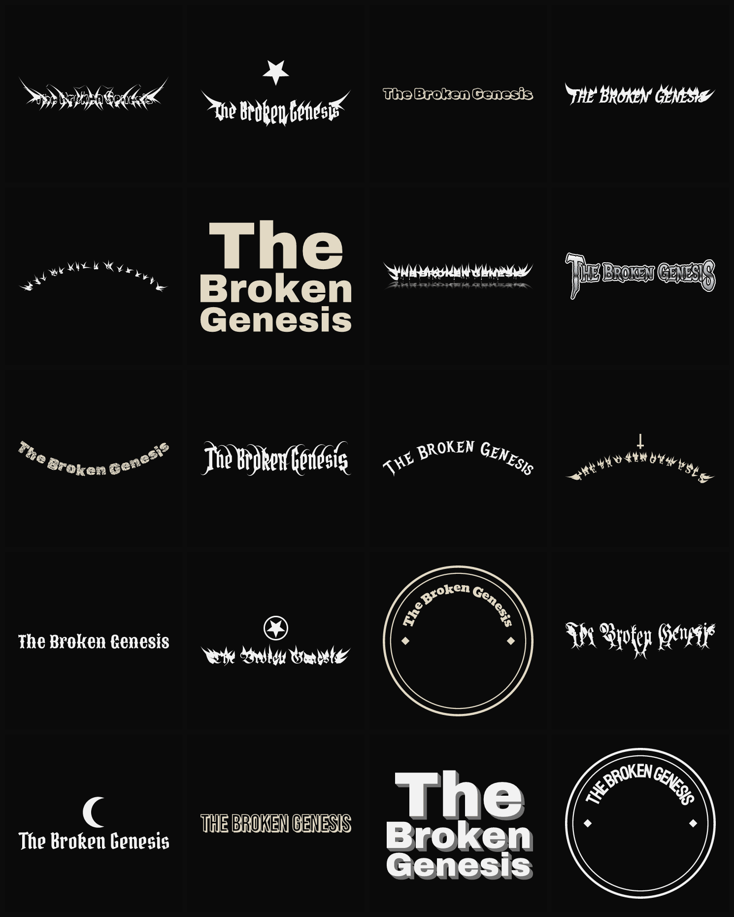 Twenty The Broken Genesis band logo ideas — different faces, treatments and spike settings