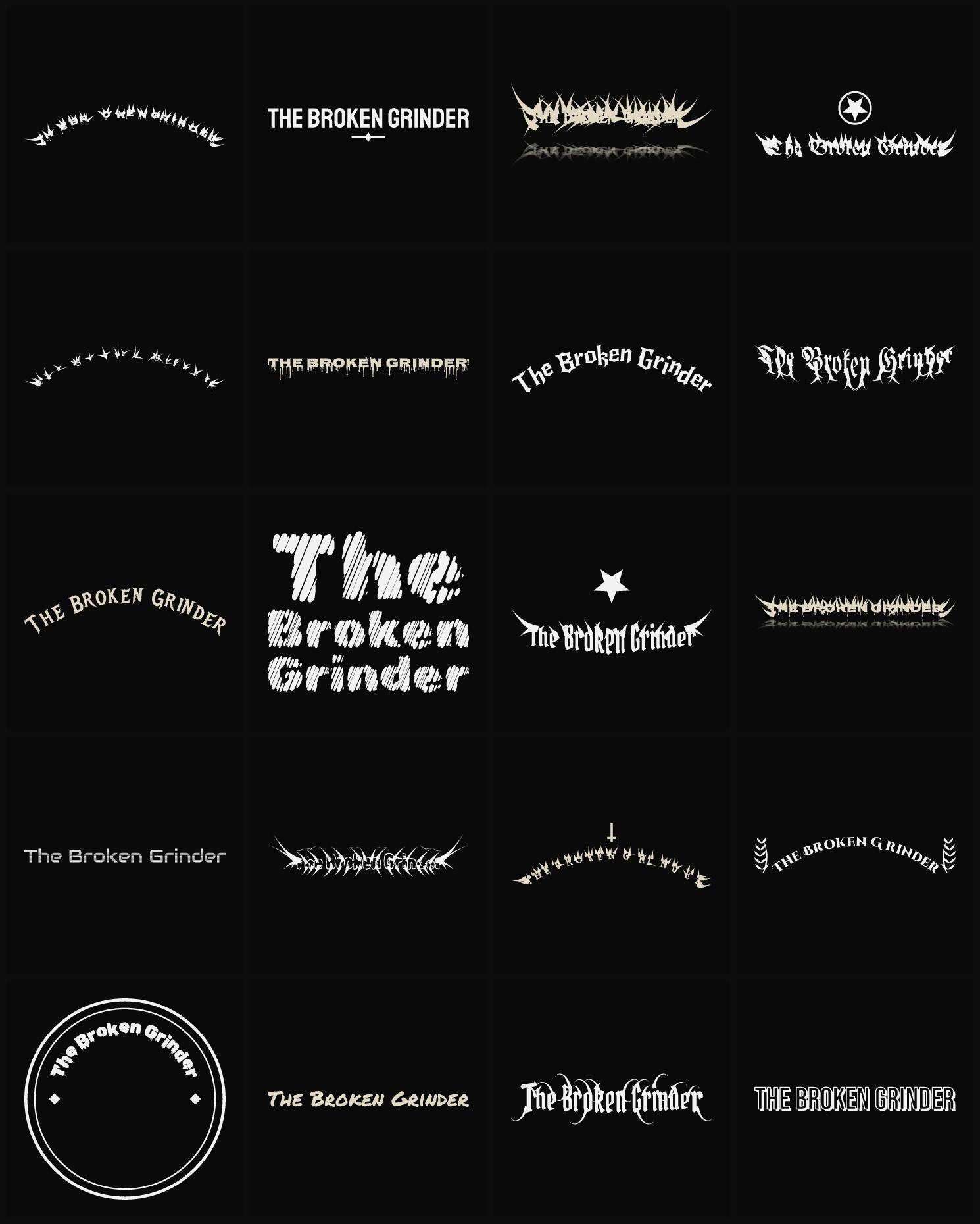 Twenty The Broken Grinder band logo ideas — different faces, treatments and spike settings