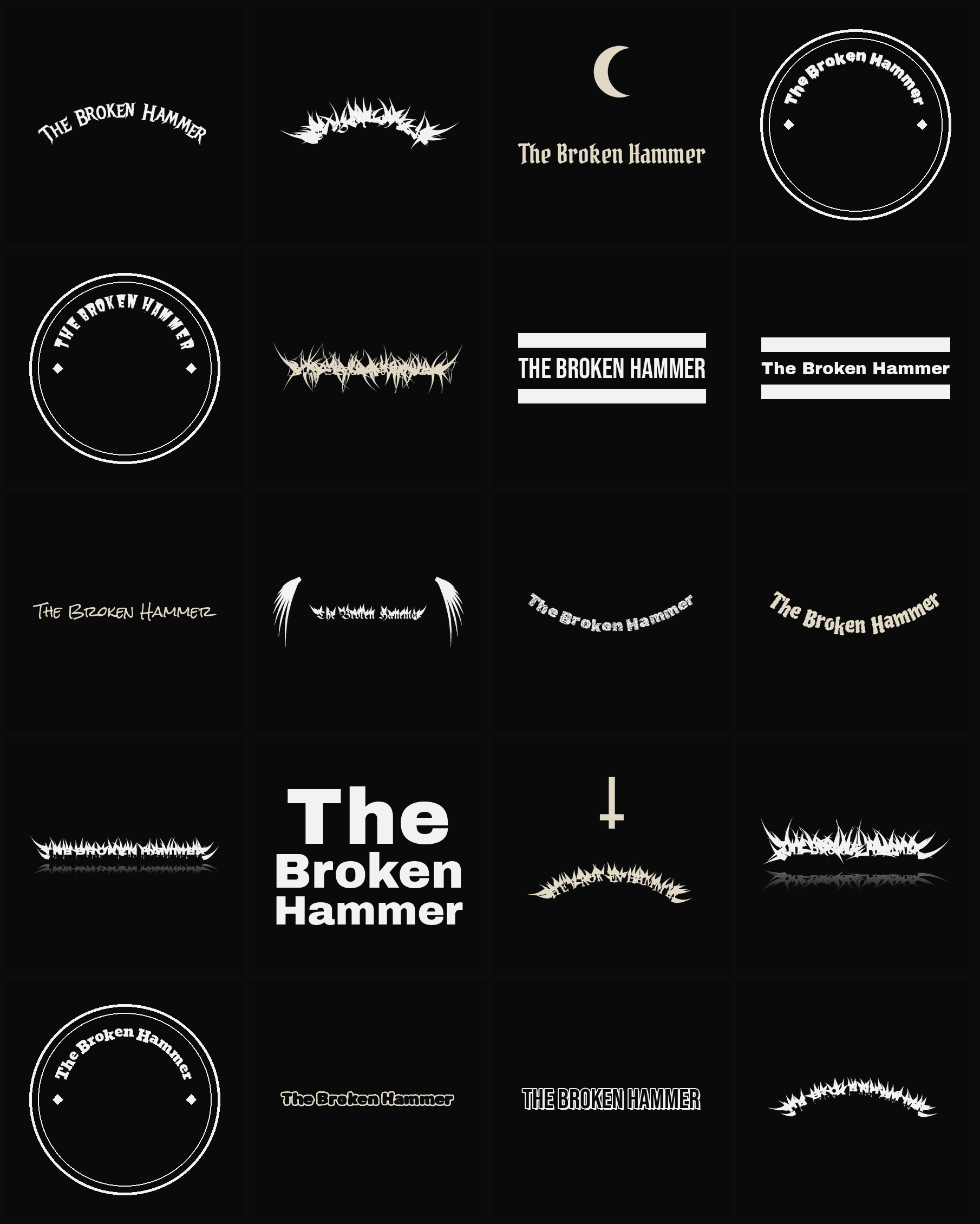 Twenty The Broken Hammer band logo ideas — different faces, treatments and spike settings