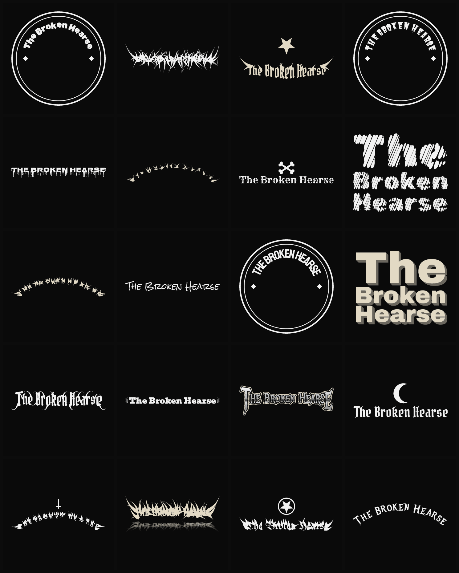 Twenty The Broken Hearse band logo ideas — different faces, treatments and spike settings