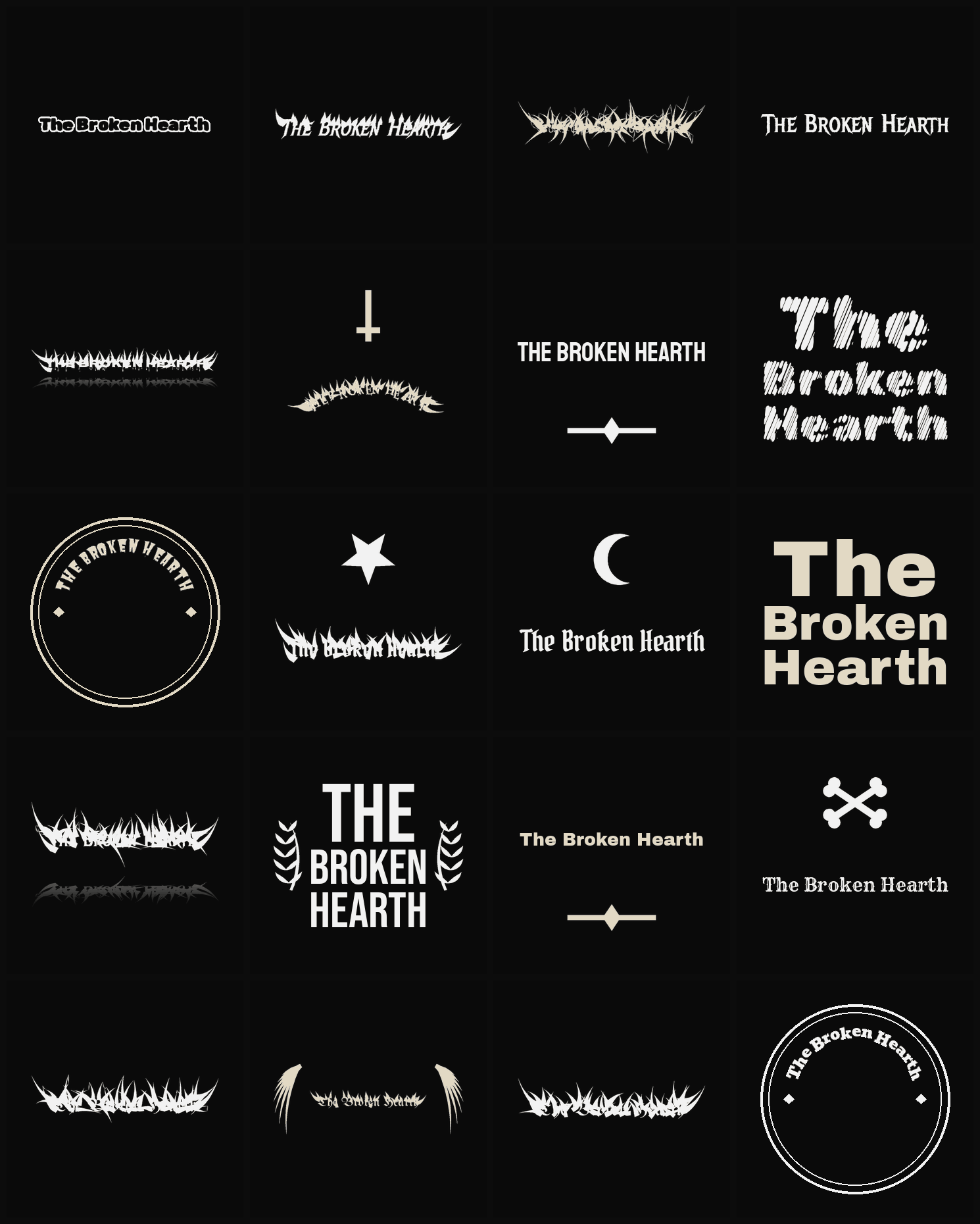Twenty The Broken Hearth band logo ideas — different faces, treatments and spike settings