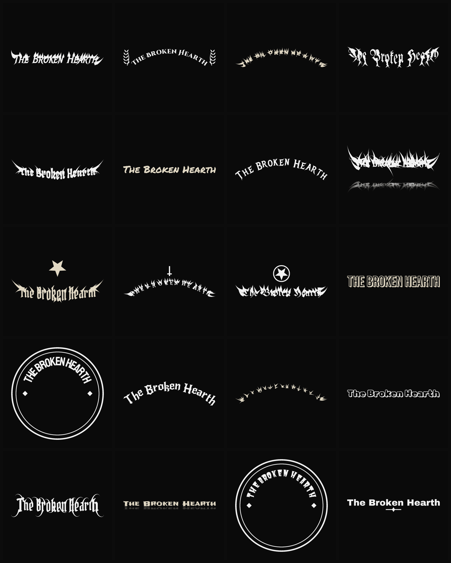 Twenty The Broken Hearth band logo ideas — different faces, treatments and spike settings