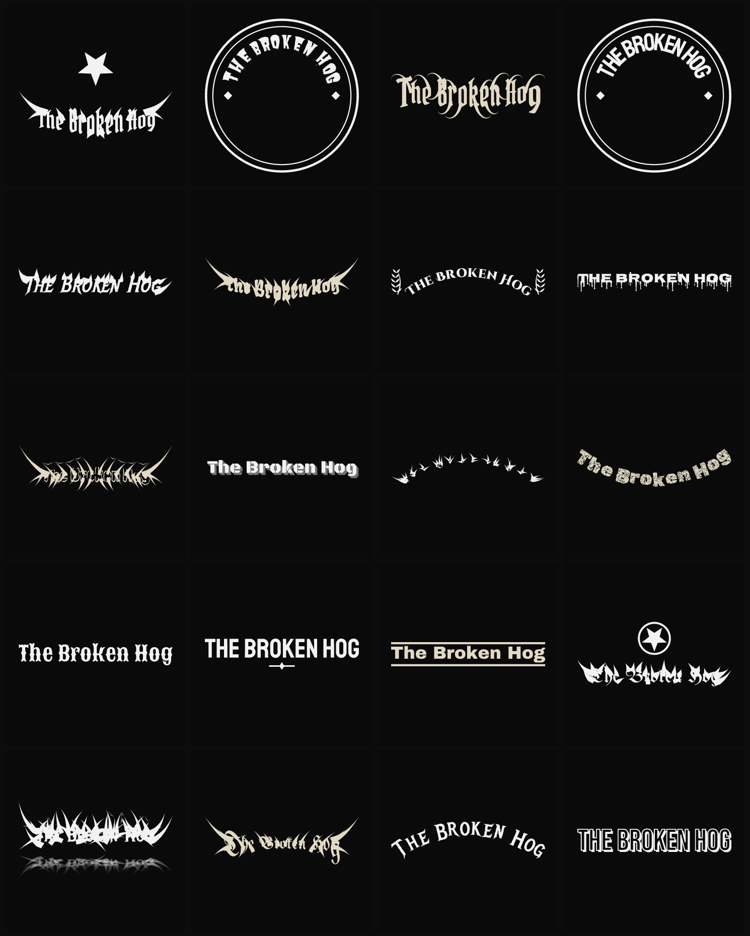 Twenty The Broken Hog band logo ideas — different faces, treatments and spike settings
