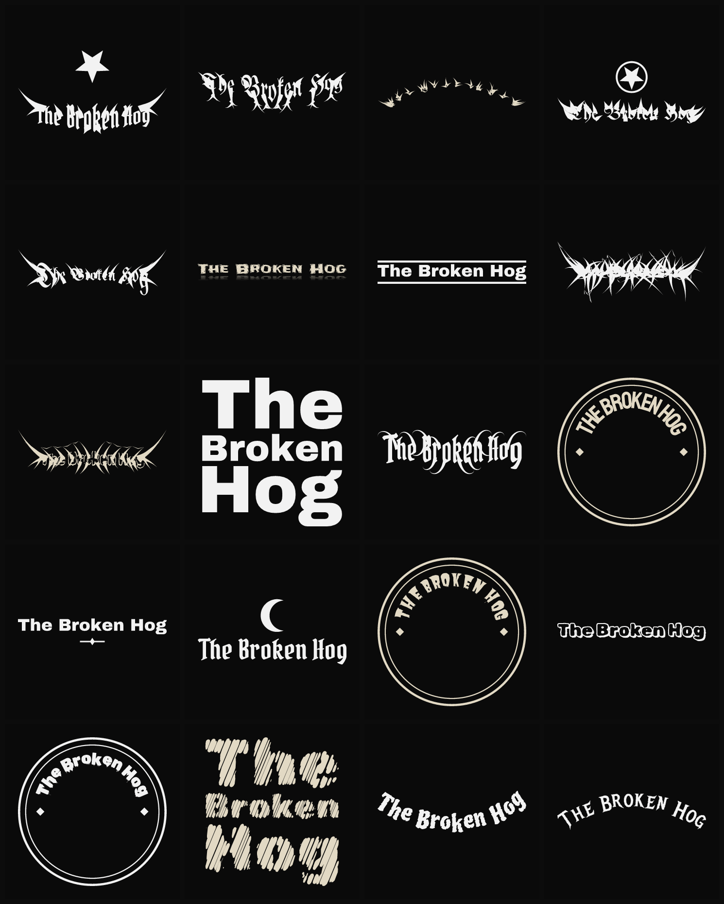 Twenty The Broken Hog band logo ideas — different faces, treatments and spike settings