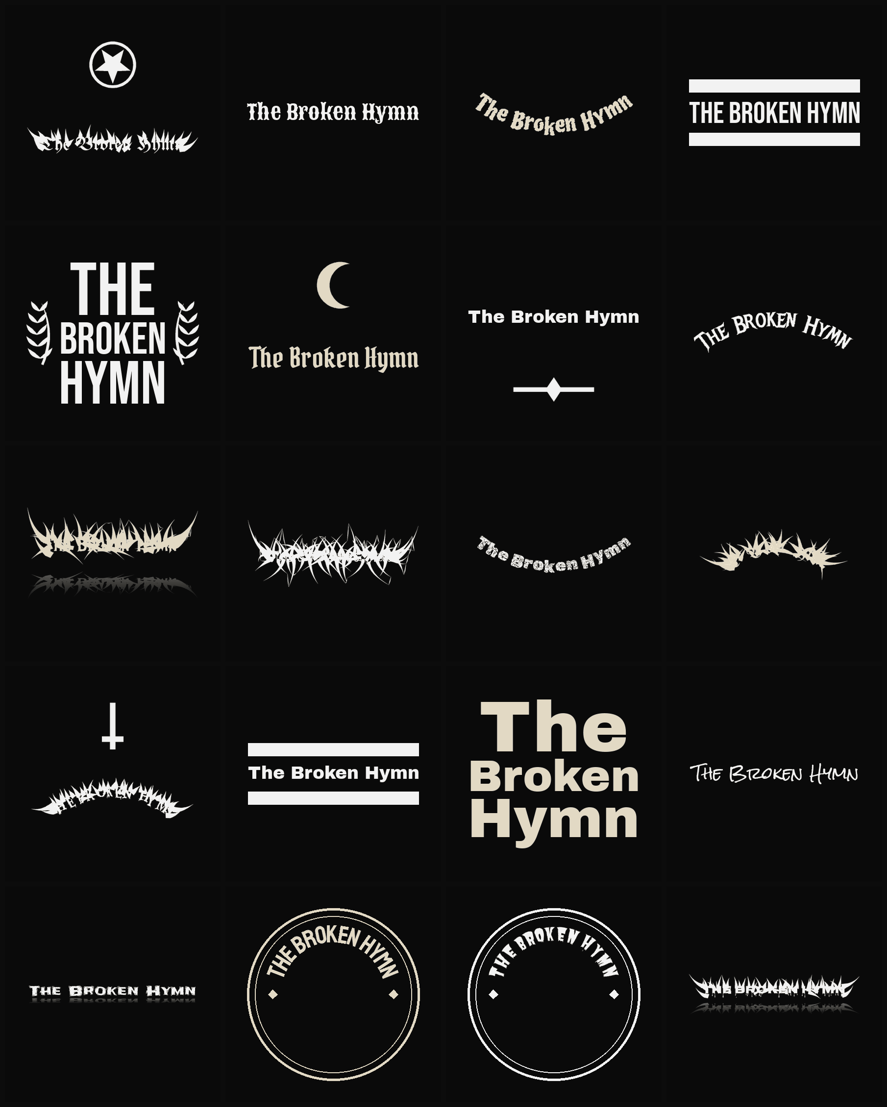 Twenty The Broken Hymn band logo ideas — different faces, treatments and spike settings