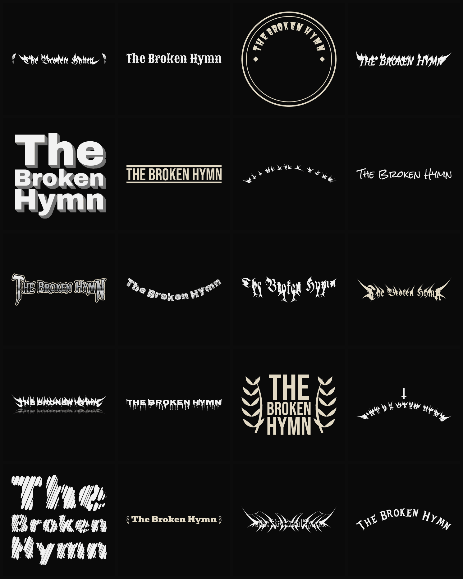 Twenty The Broken Hymn band logo ideas — different faces, treatments and spike settings