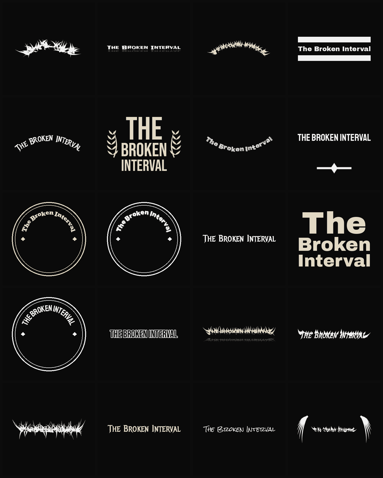 Twenty The Broken Interval band logo ideas — different faces, treatments and spike settings