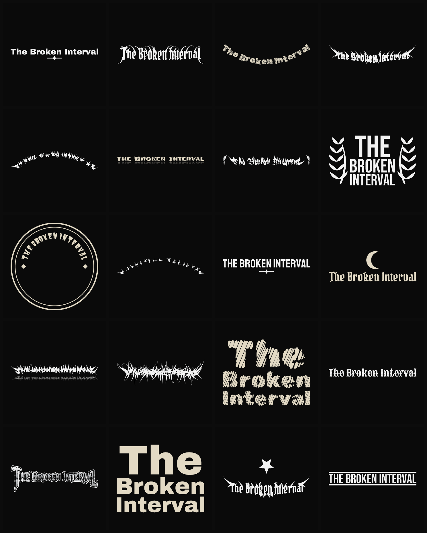 Twenty The Broken Interval band logo ideas — different faces, treatments and spike settings