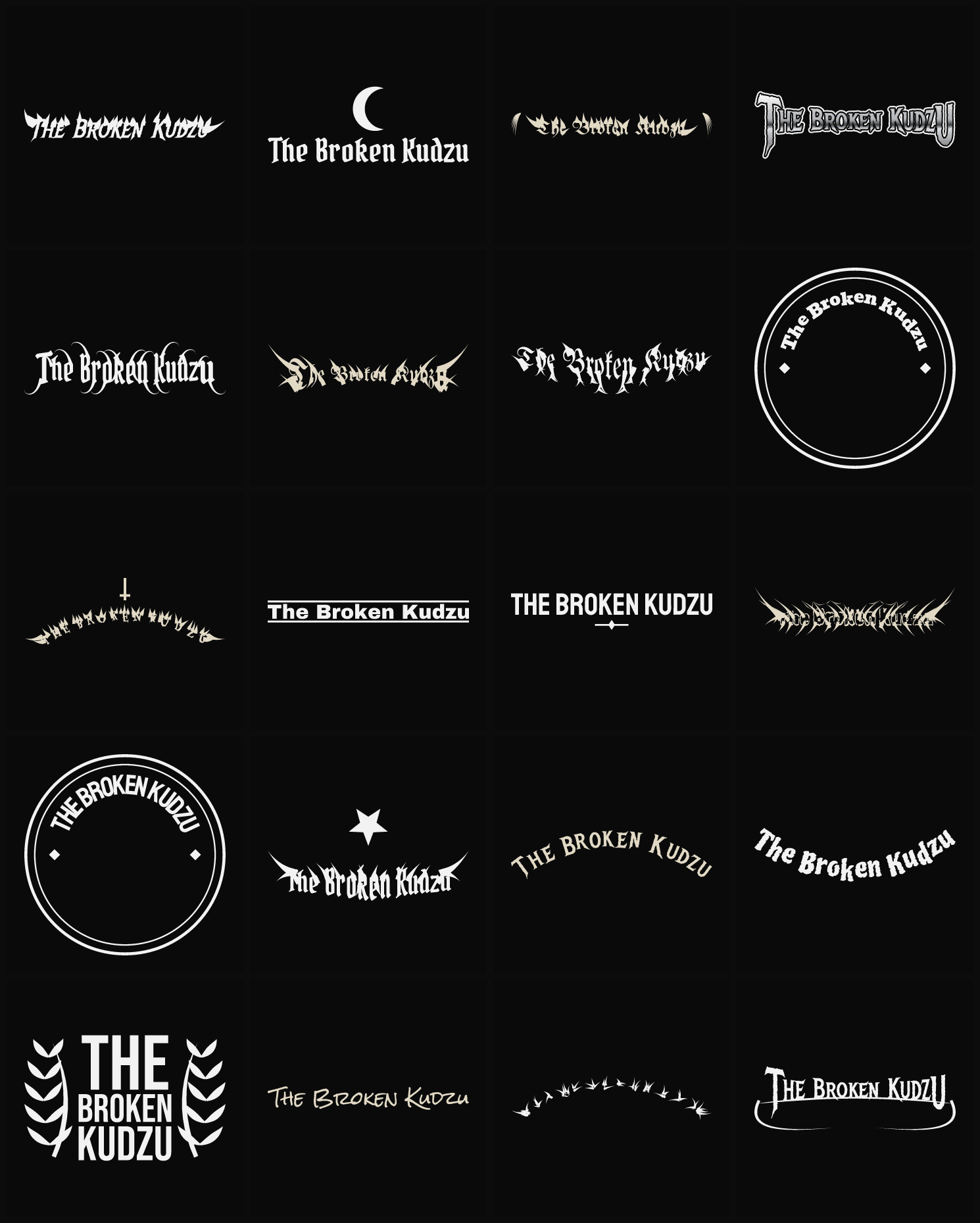 Twenty The Broken Kudzu band logo ideas — different faces, treatments and spike settings