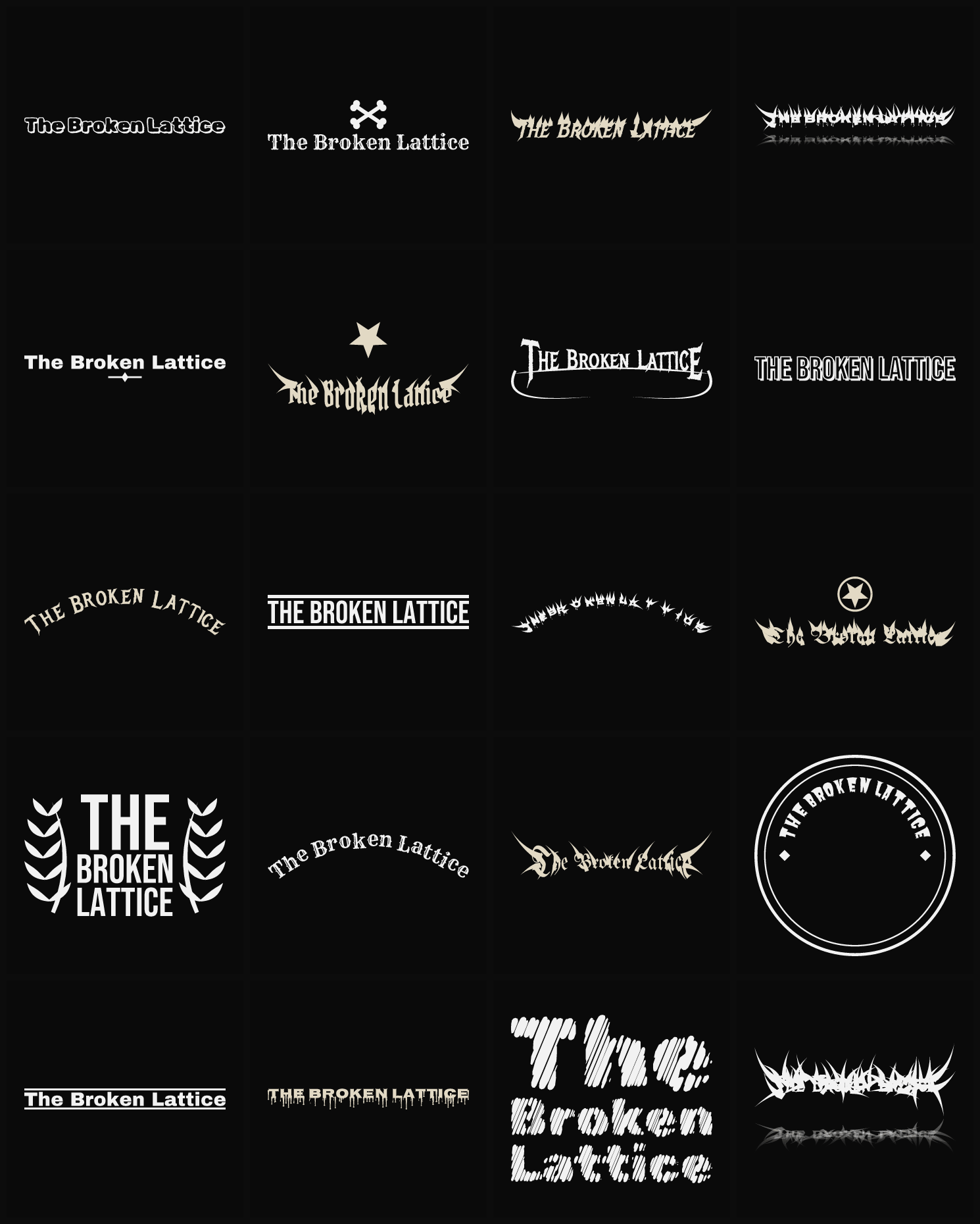 Twenty The Broken Lattice band logo ideas — different faces, treatments and spike settings