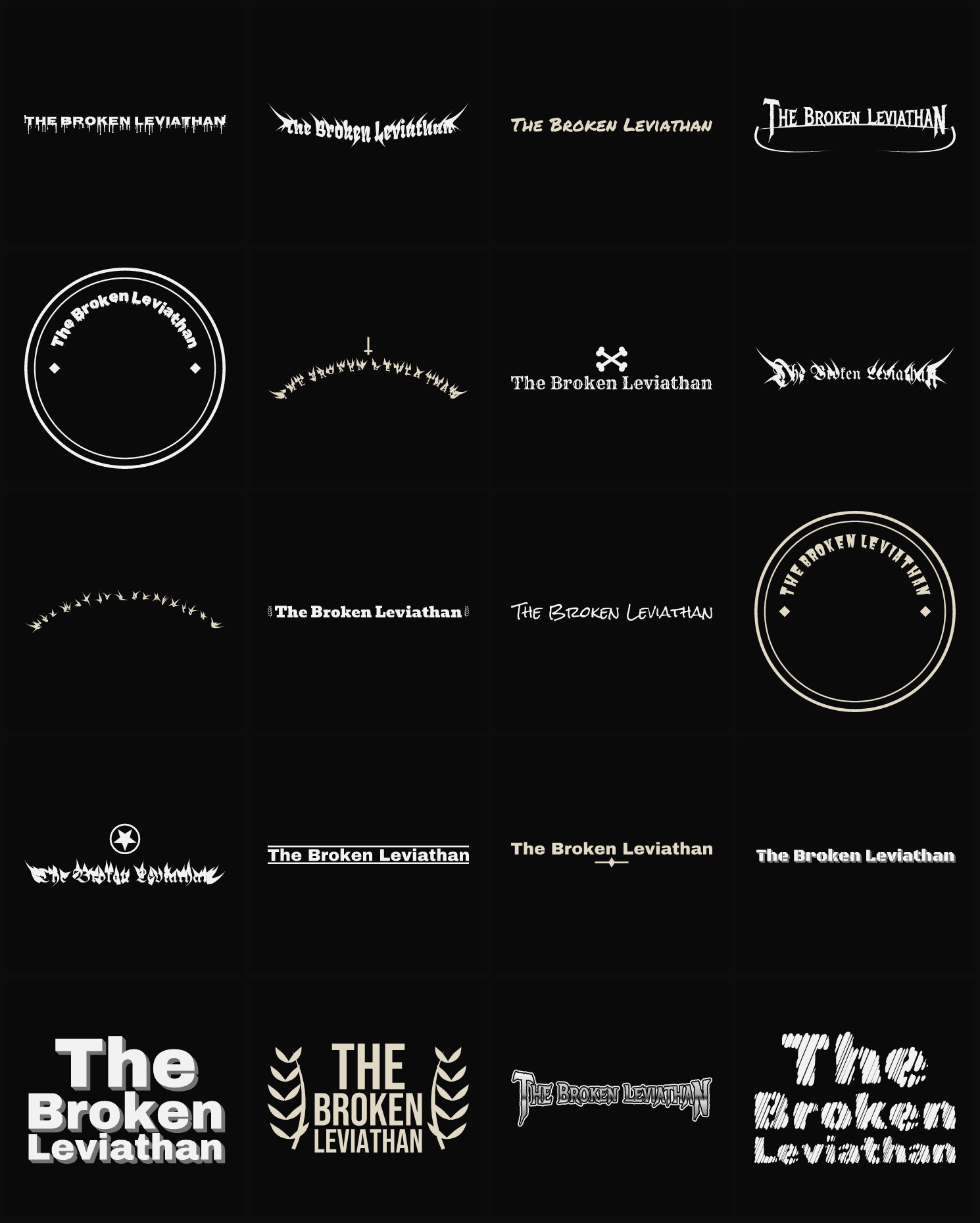 Twenty The Broken Leviathan band logo ideas — different faces, treatments and spike settings