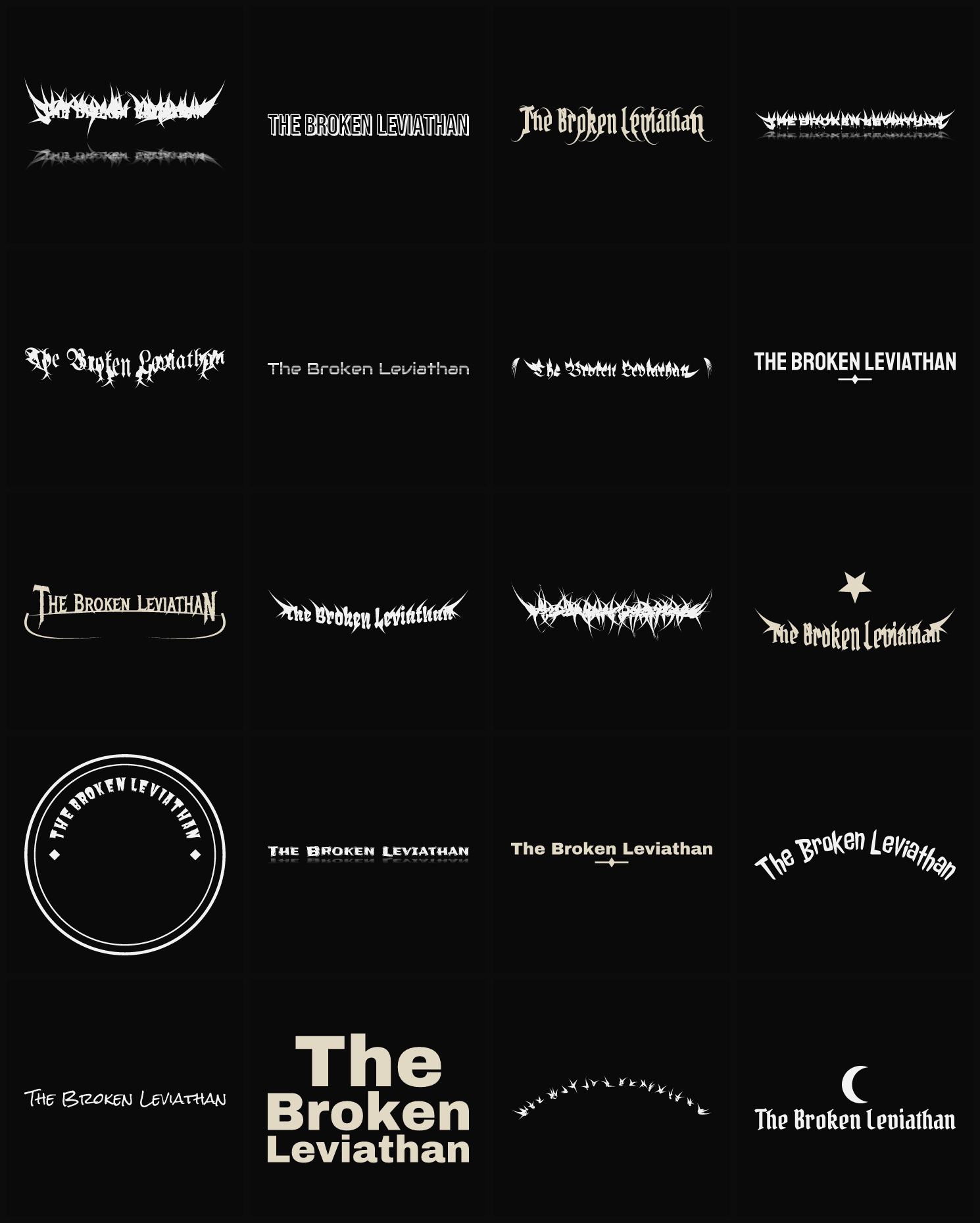 Twenty The Broken Leviathan band logo ideas — different faces, treatments and spike settings