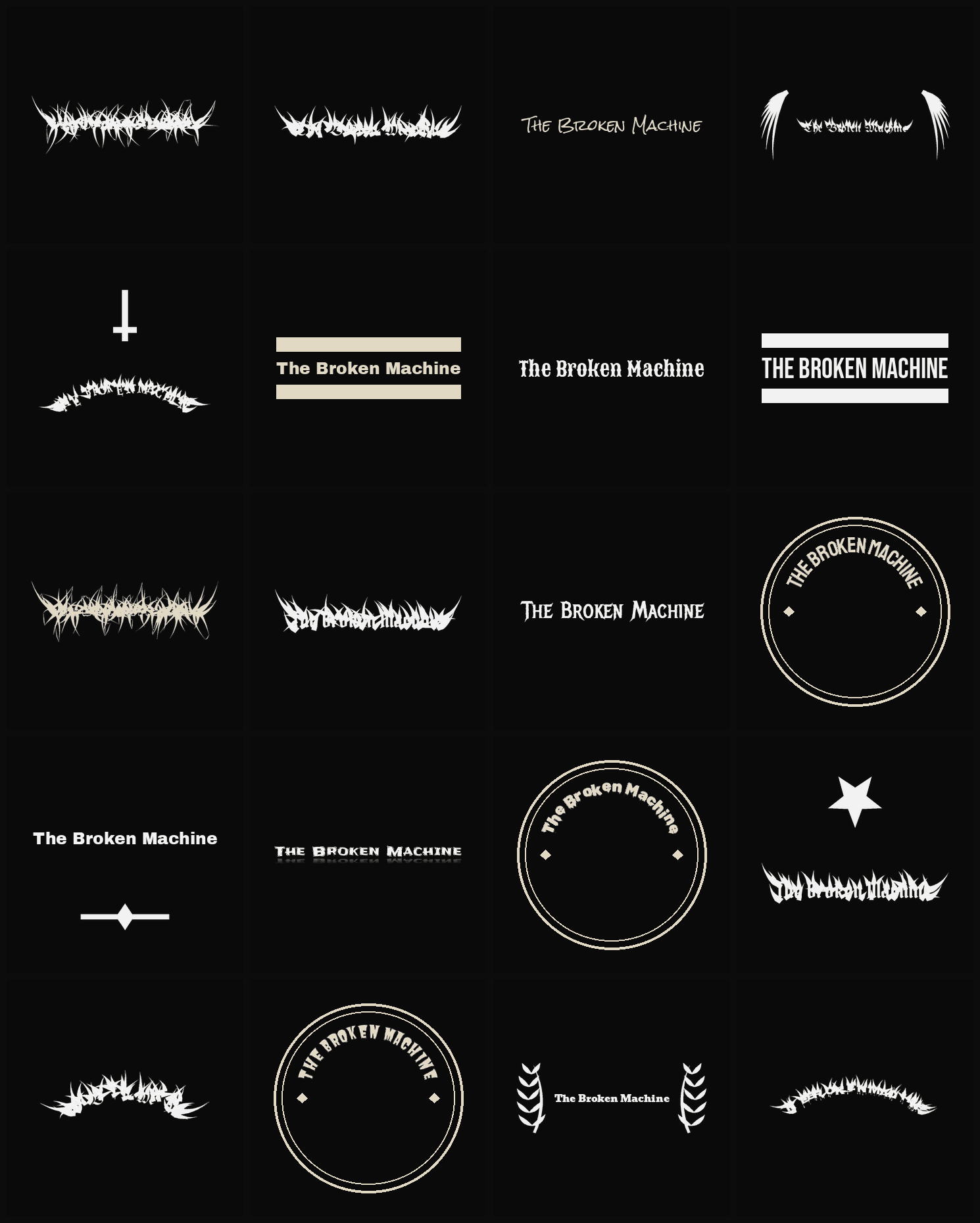 Twenty The Broken Machine band logo ideas — different faces, treatments and spike settings