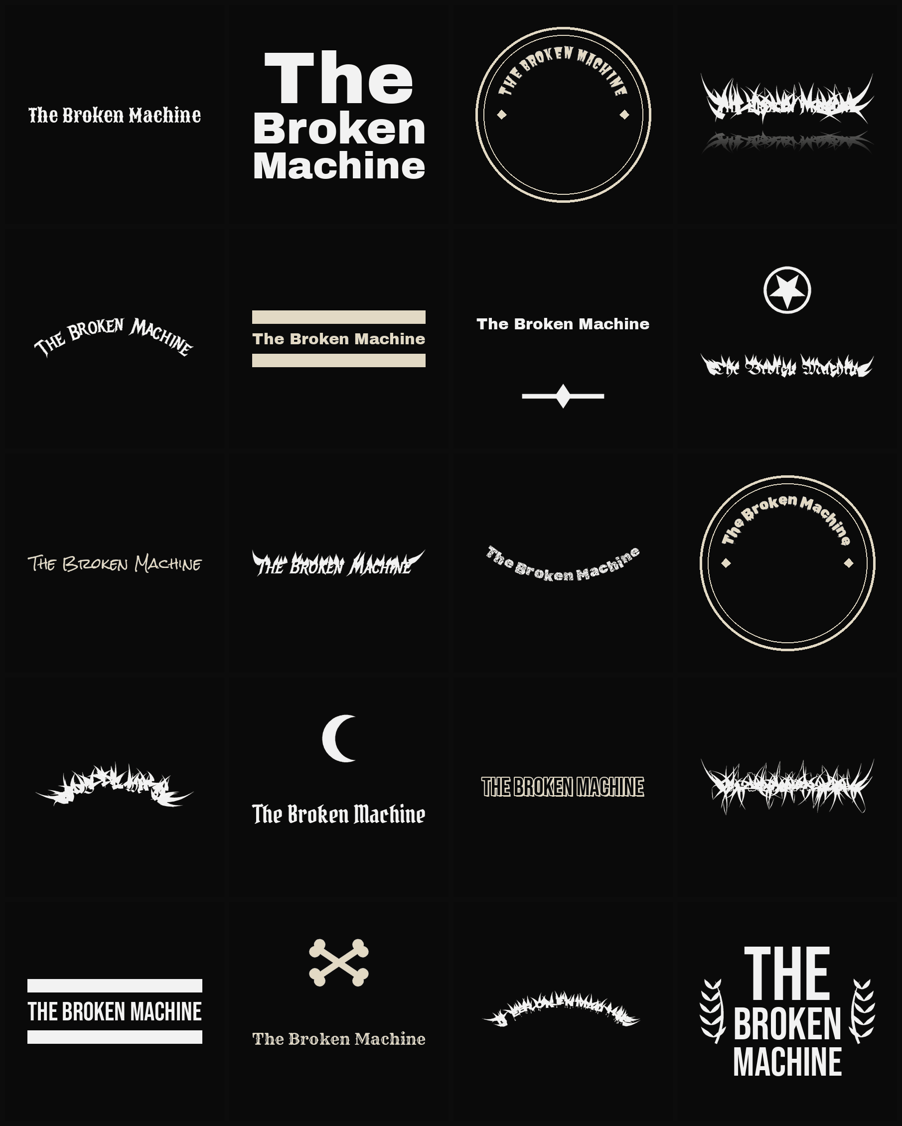Twenty The Broken Machine band logo ideas — different faces, treatments and spike settings