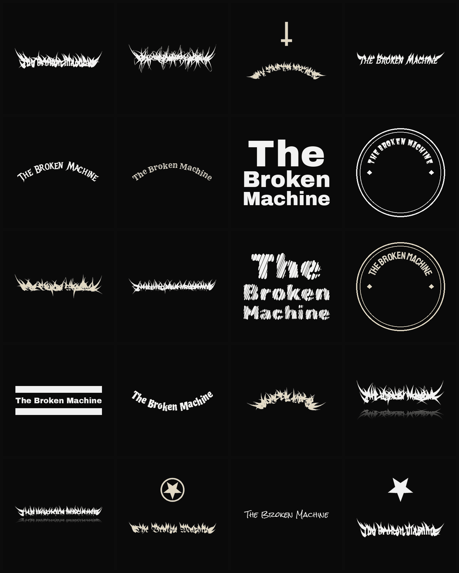 Twenty The Broken Machine band logo ideas — different faces, treatments and spike settings