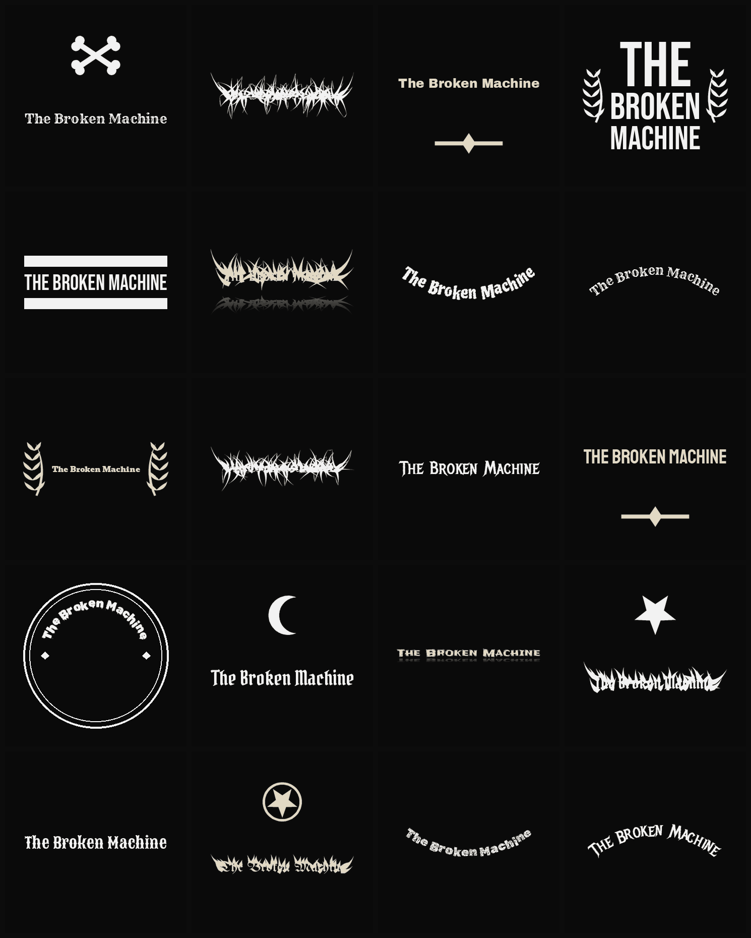 Twenty The Broken Machine band logo ideas — different faces, treatments and spike settings