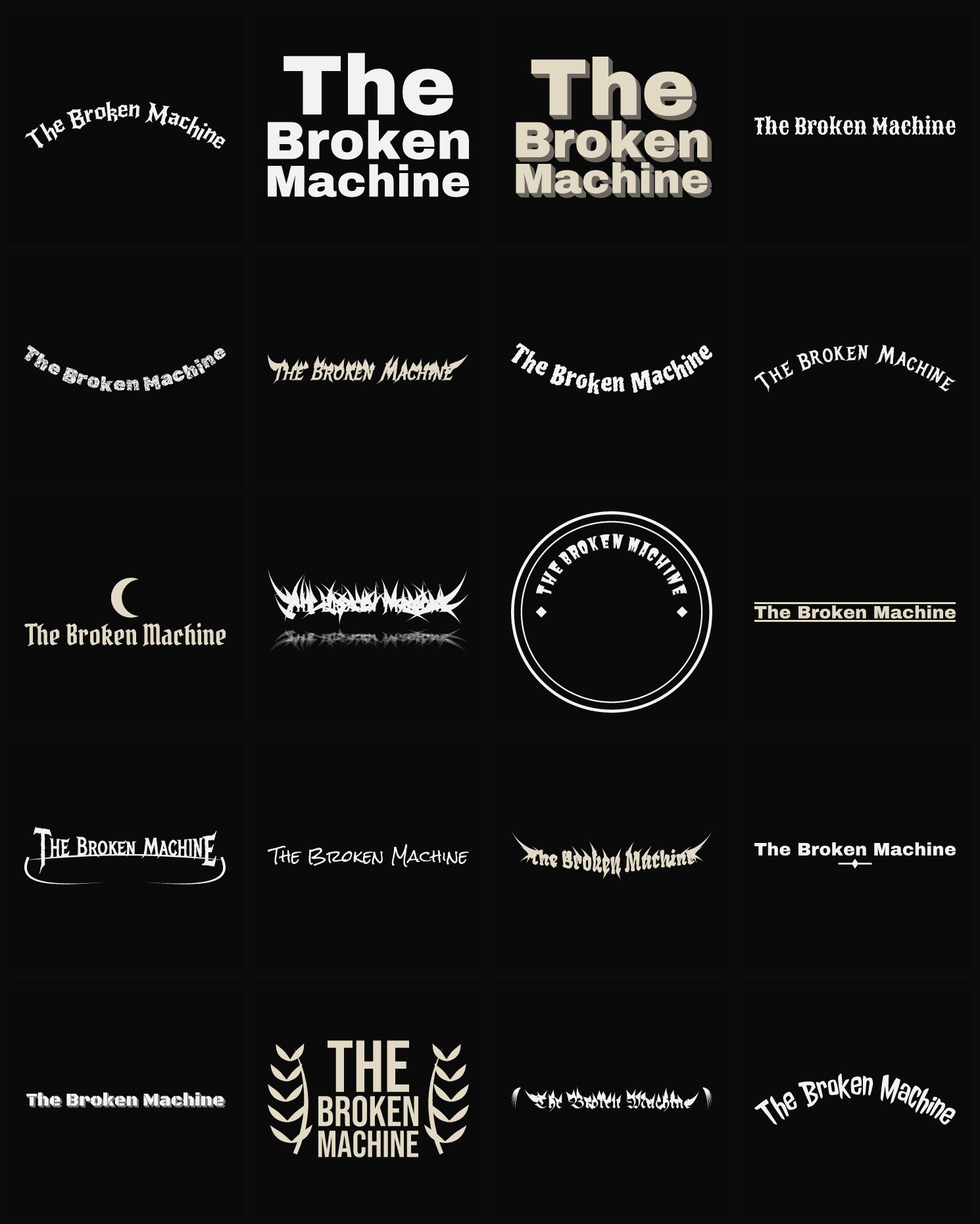 Twenty The Broken Machine band logo ideas — different faces, treatments and spike settings