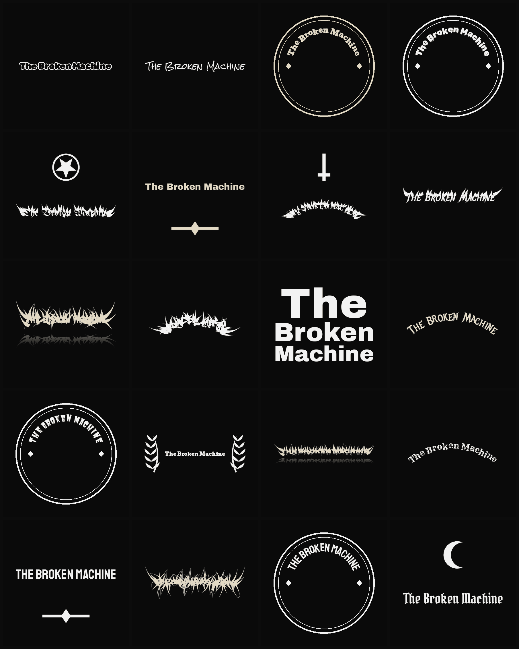 Twenty The Broken Machine band logo ideas — different faces, treatments and spike settings