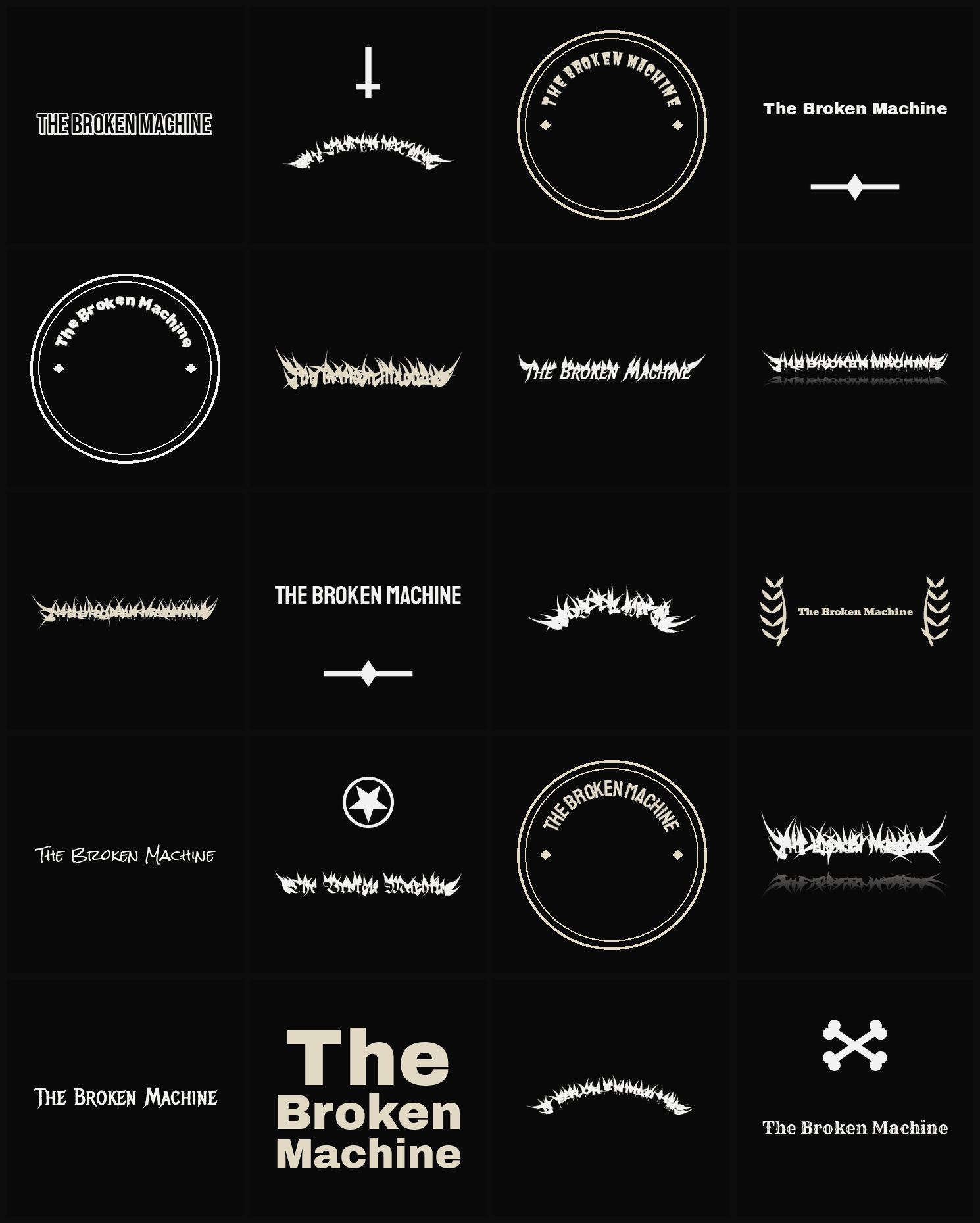 Twenty The Broken Machine band logo ideas — different faces, treatments and spike settings