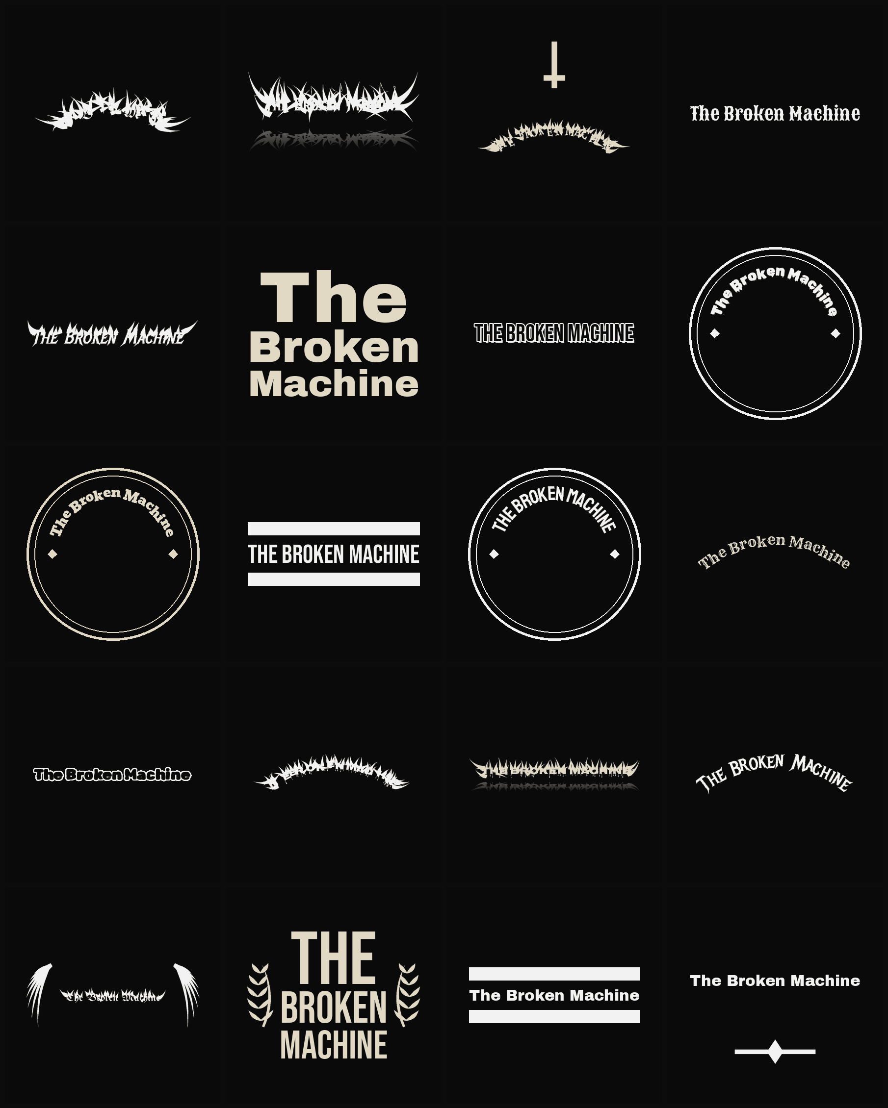 Twenty The Broken Machine band logo ideas — different faces, treatments and spike settings