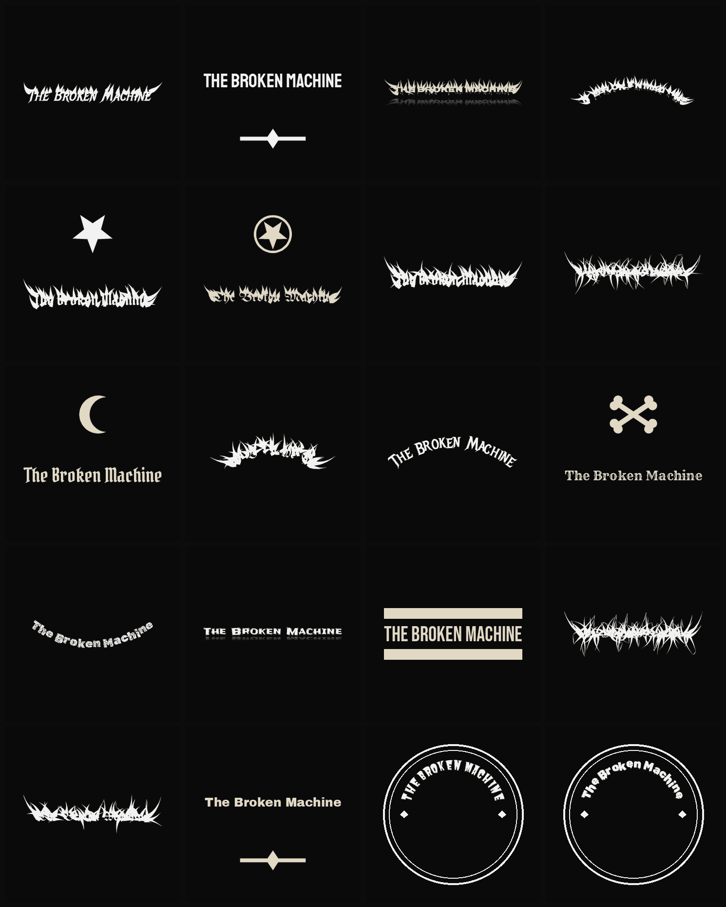 Twenty The Broken Machine band logo ideas — different faces, treatments and spike settings