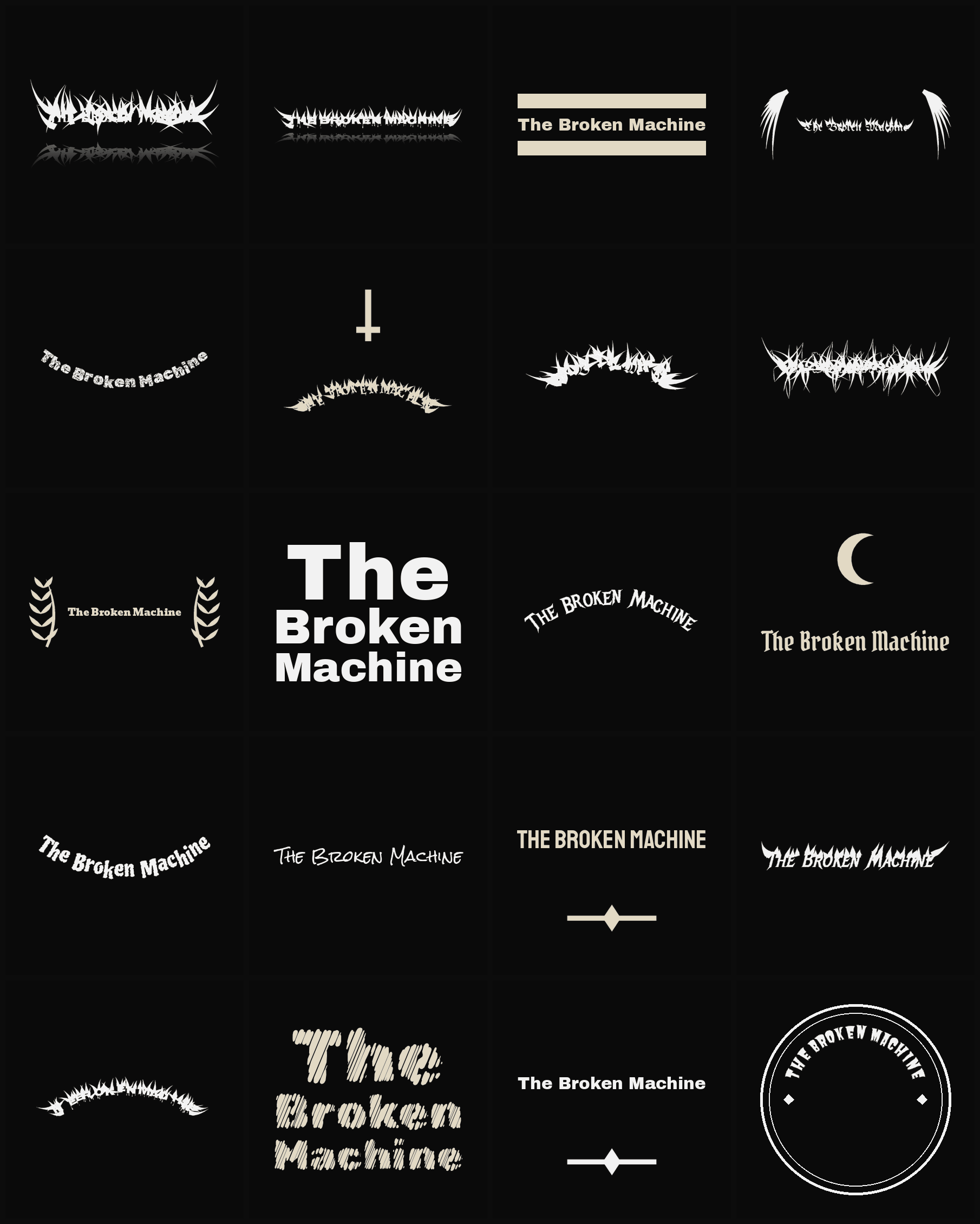 Twenty The Broken Machine band logo ideas — different faces, treatments and spike settings