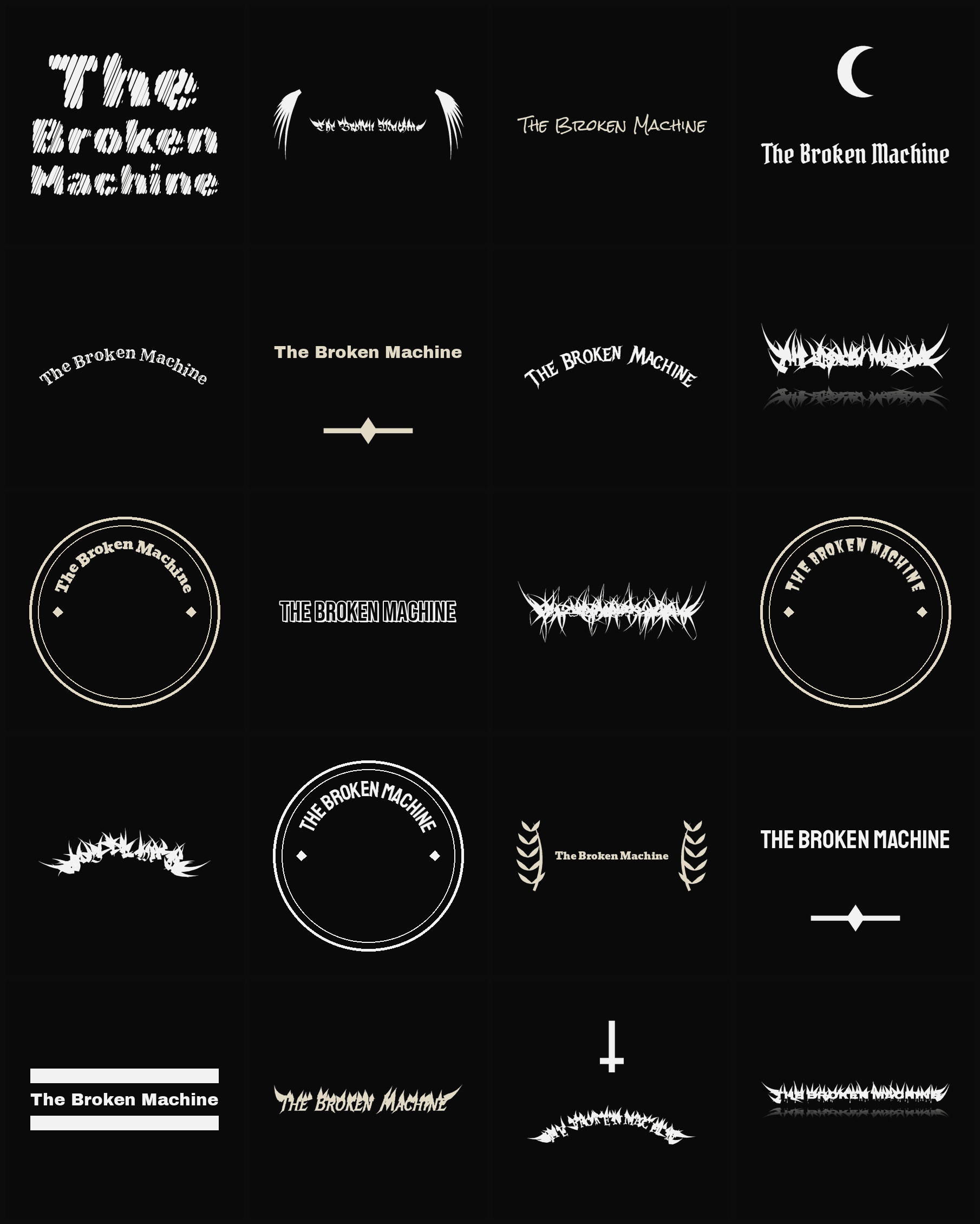 Twenty The Broken Machine band logo ideas — different faces, treatments and spike settings