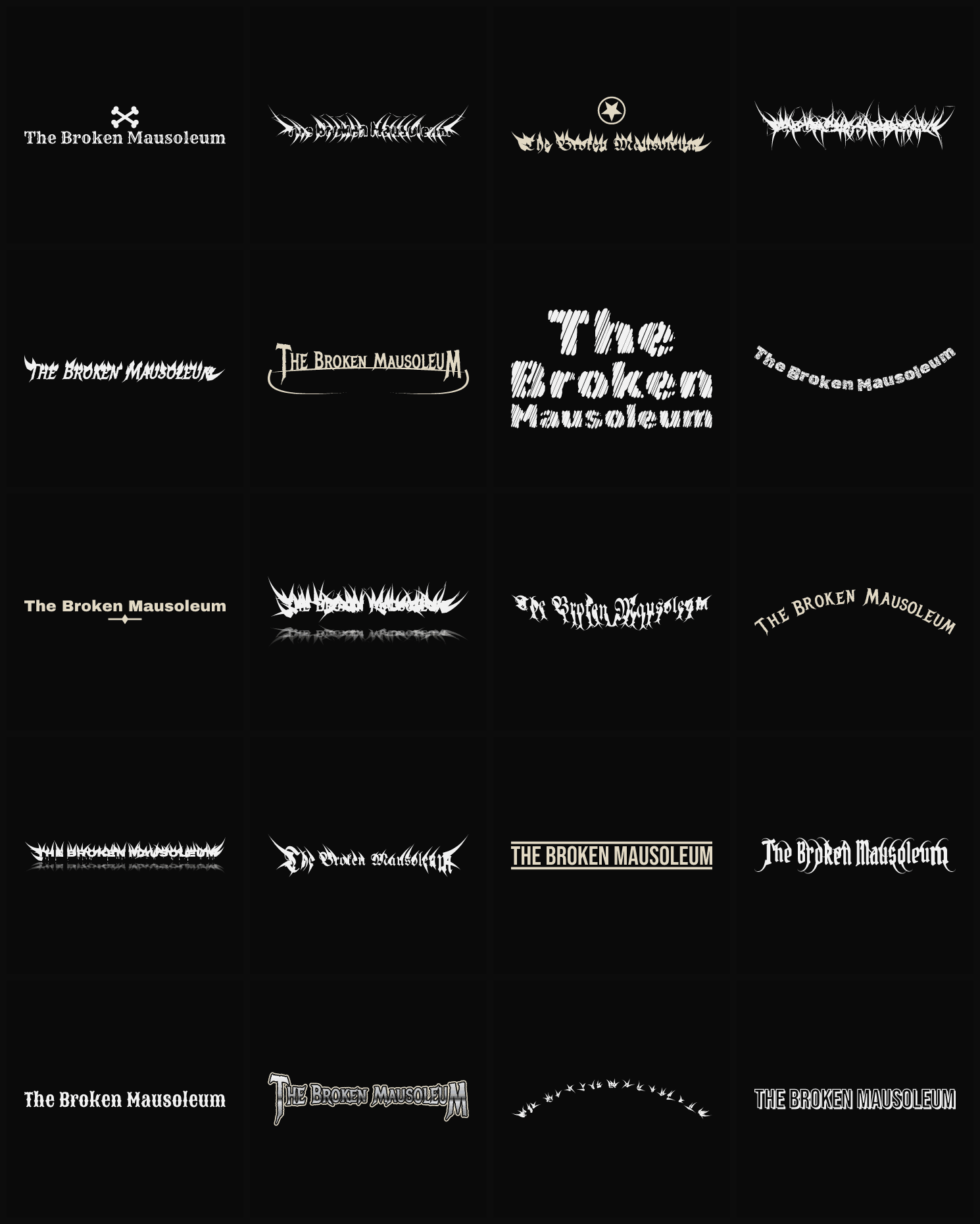 Twenty The Broken Mausoleum band logo ideas — different faces, treatments and spike settings