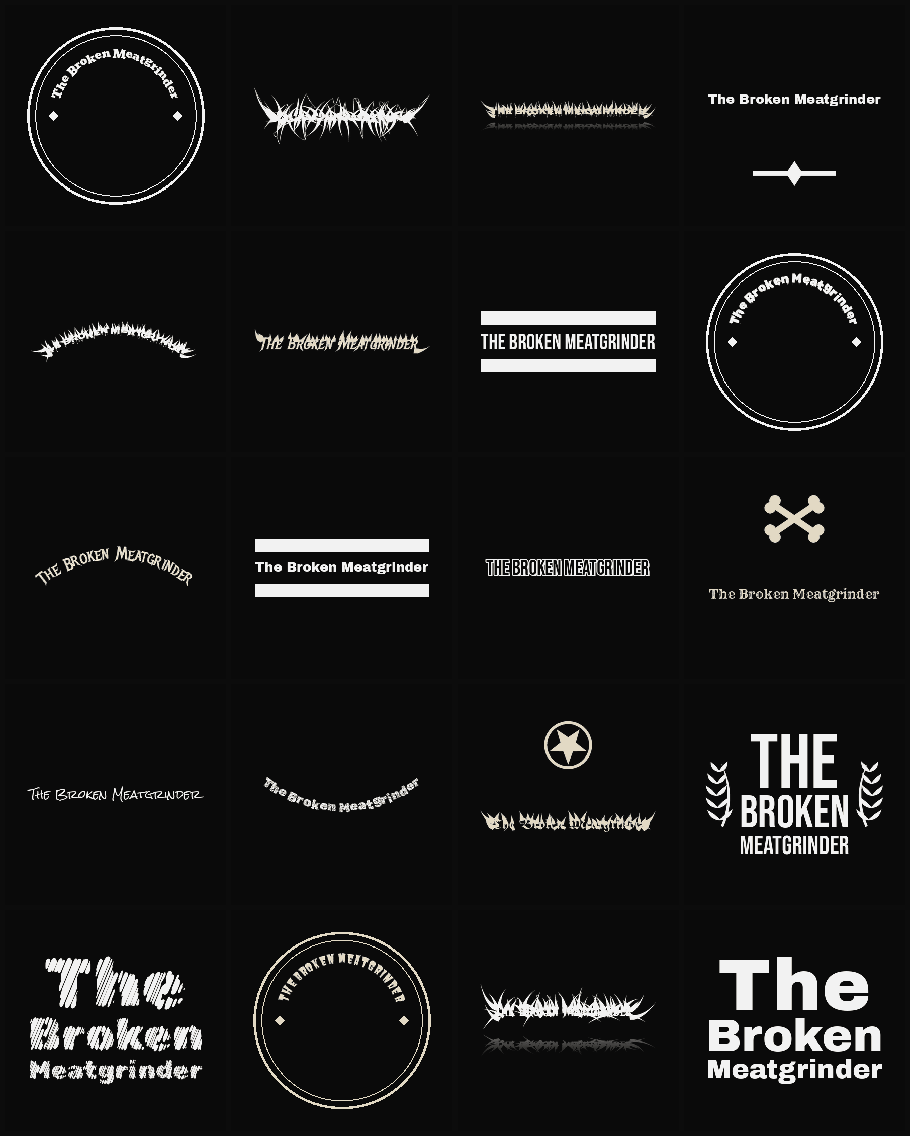 Twenty The Broken Meatgrinder band logo ideas — different faces, treatments and spike settings