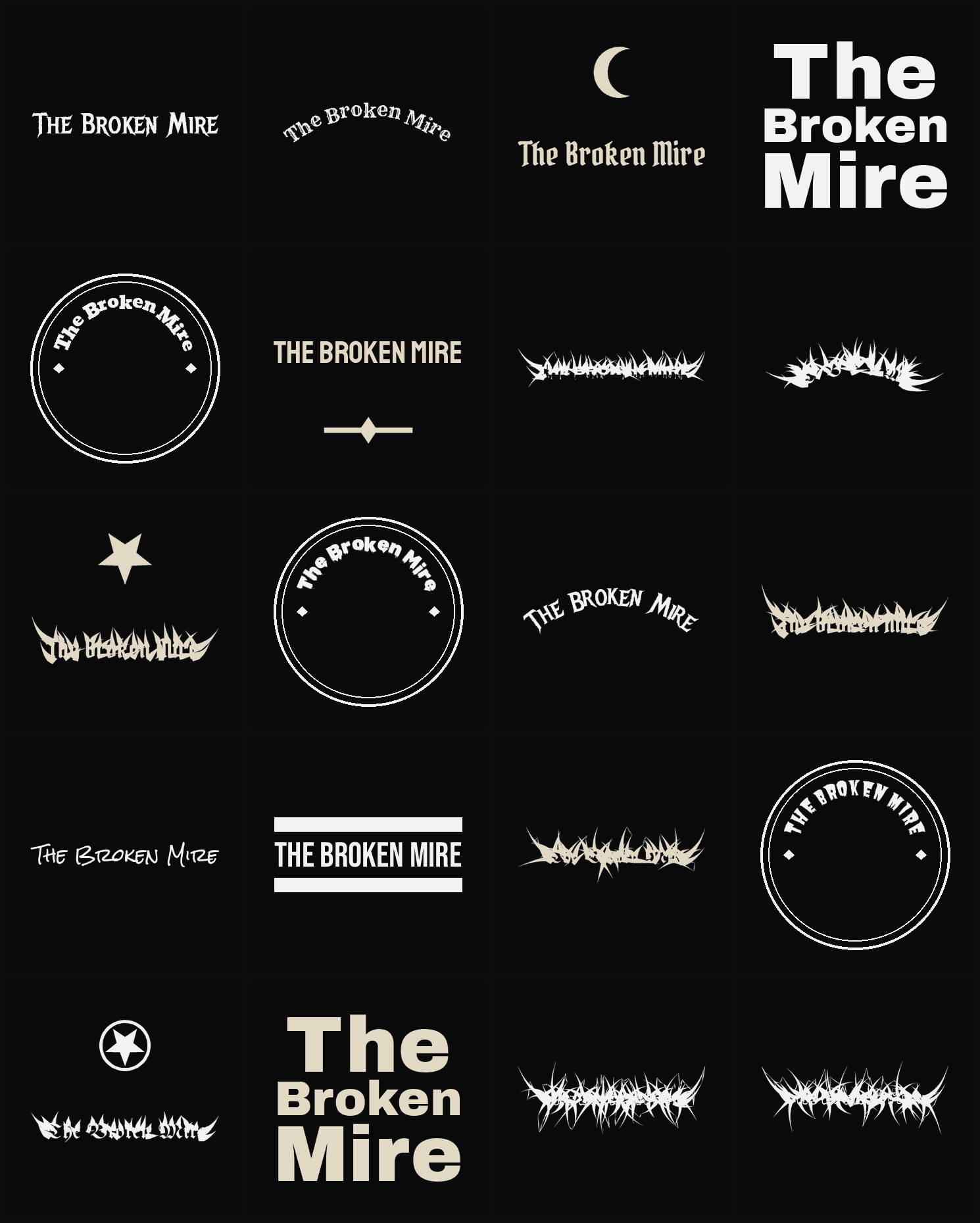 Twenty The Broken Mire band logo ideas — different faces, treatments and spike settings