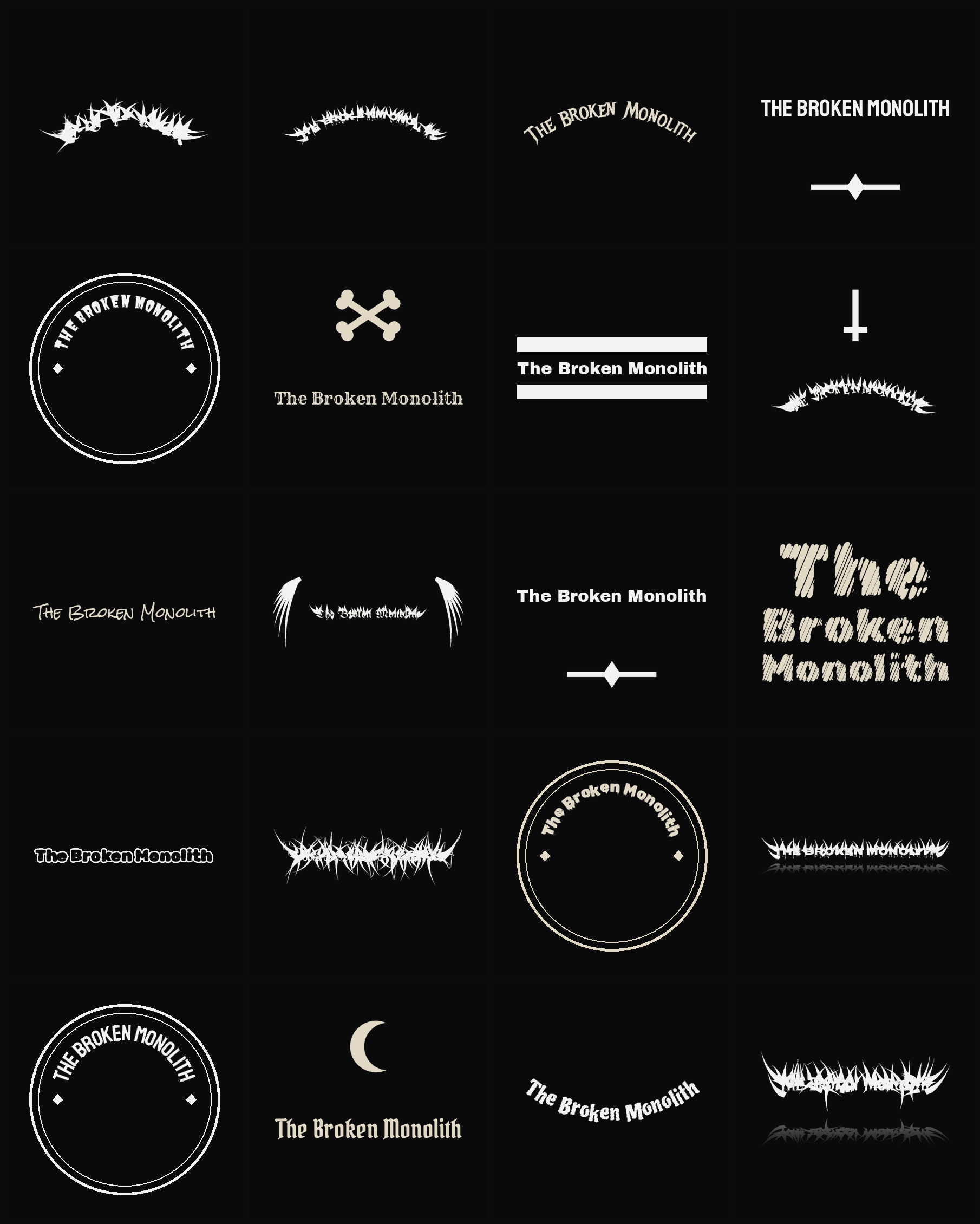 Twenty The Broken Monolith band logo ideas — different faces, treatments and spike settings