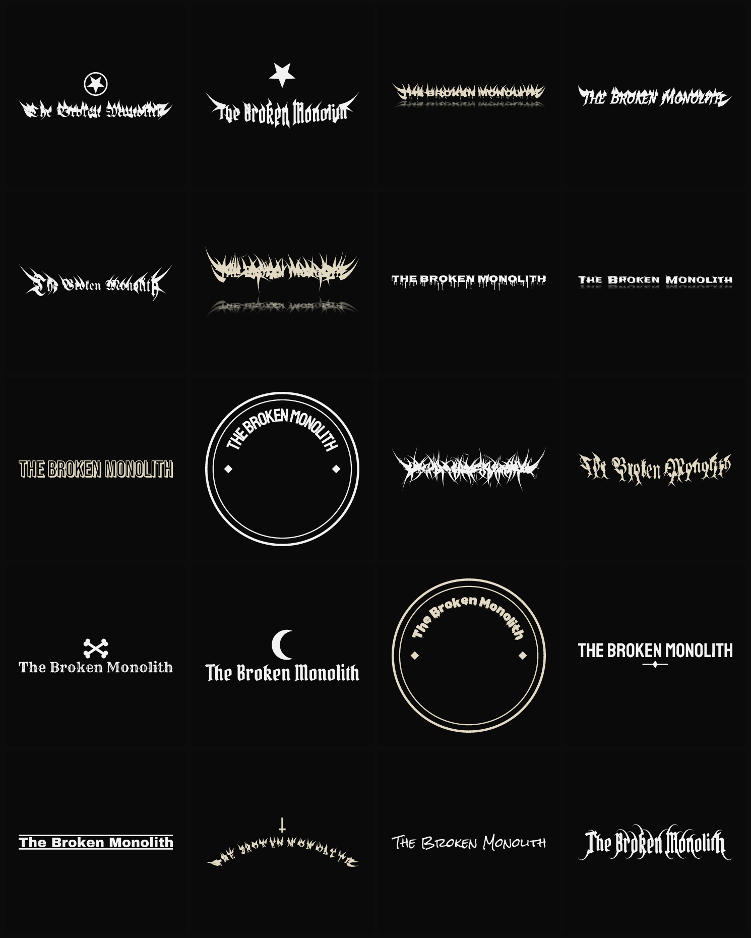 Twenty The Broken Monolith band logo ideas — different faces, treatments and spike settings