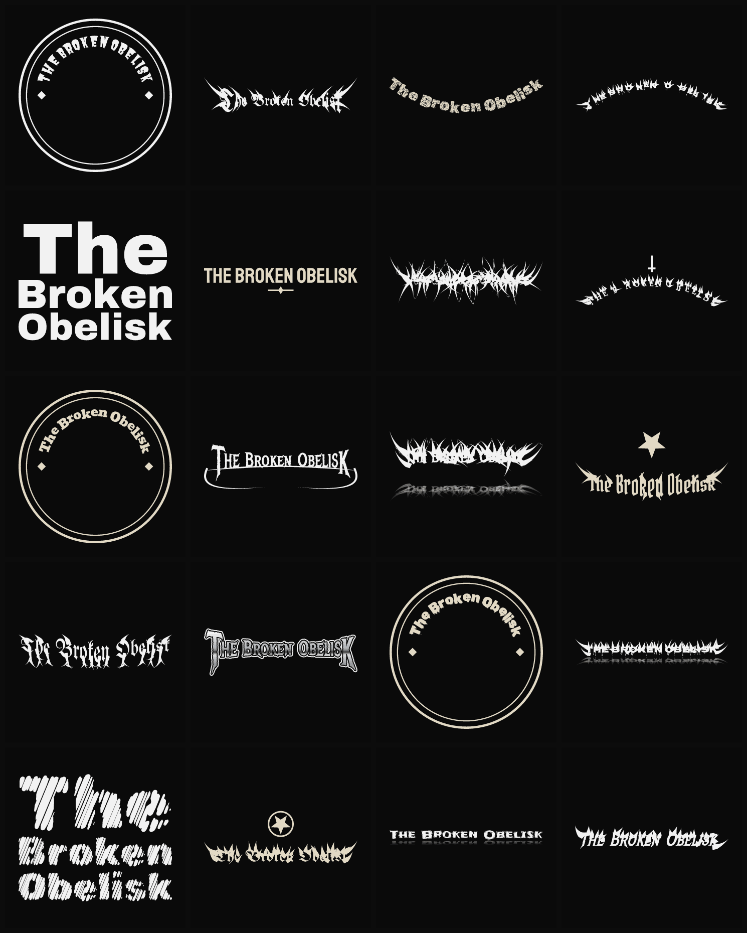 Twenty The Broken Obelisk band logo ideas — different faces, treatments and spike settings