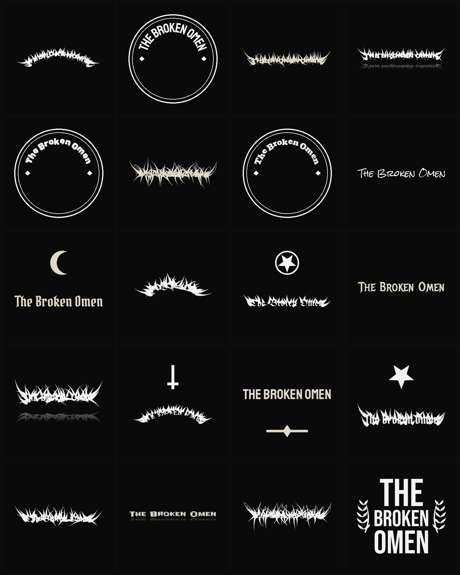 Twenty The Broken Omen band logo ideas — different faces, treatments and spike settings