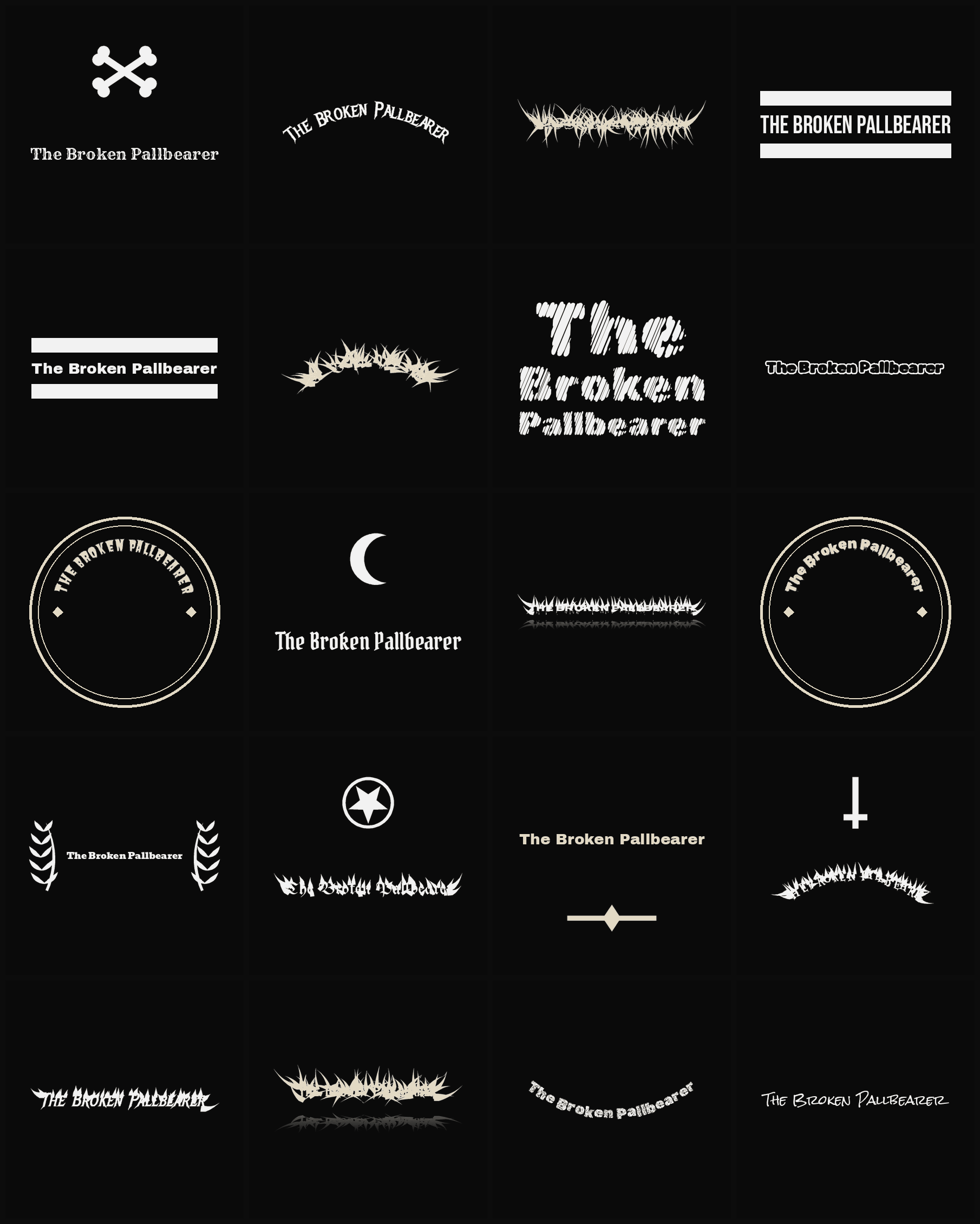 Twenty The Broken Pallbearer band logo ideas — different faces, treatments and spike settings