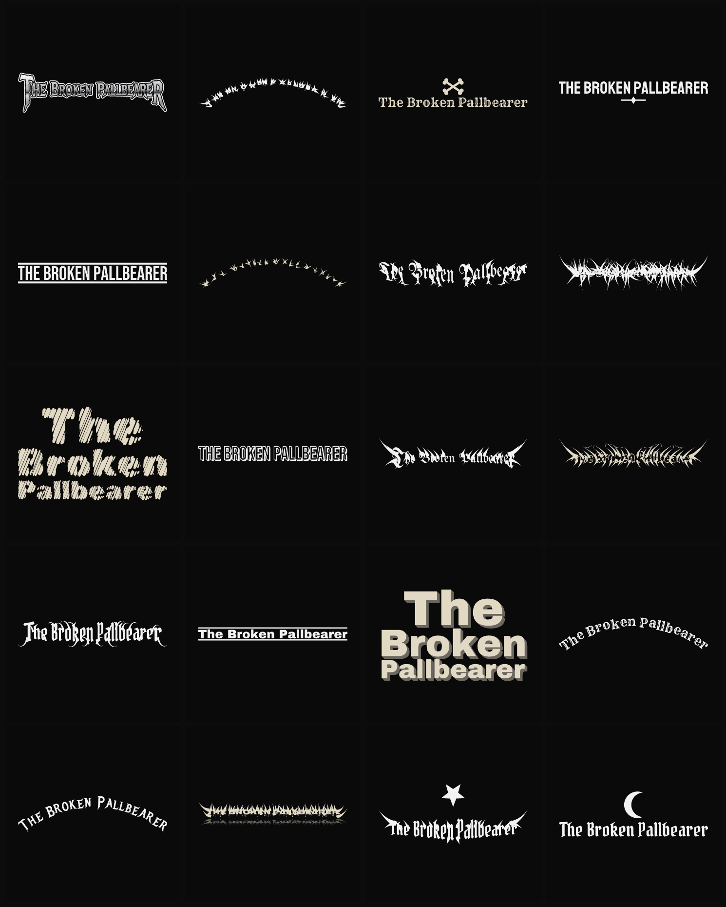 Twenty The Broken Pallbearer band logo ideas — different faces, treatments and spike settings