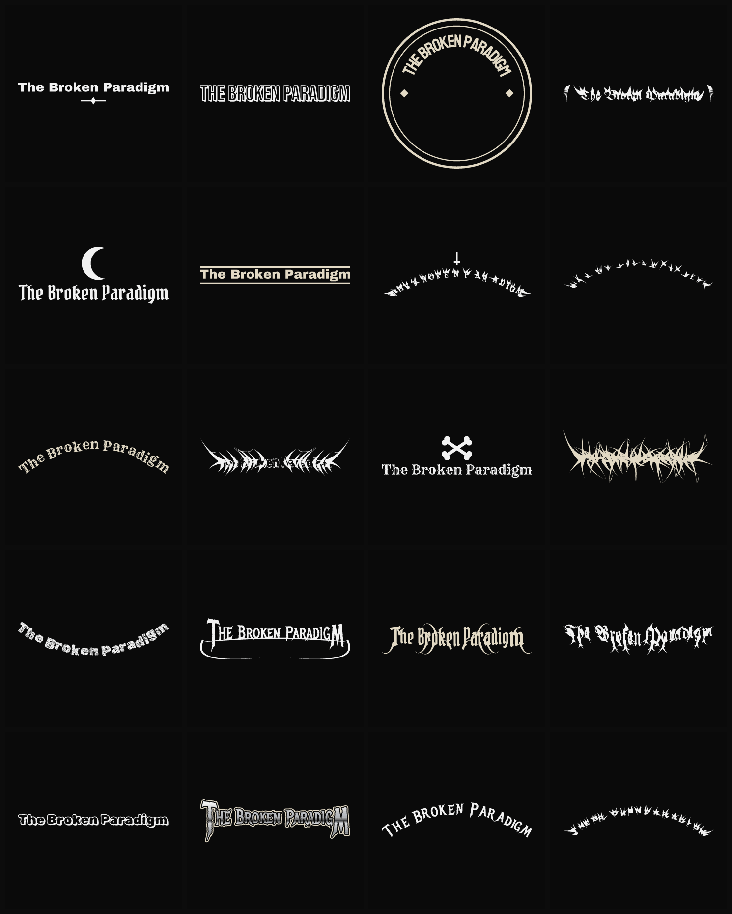Twenty The Broken Paradigm band logo ideas — different faces, treatments and spike settings