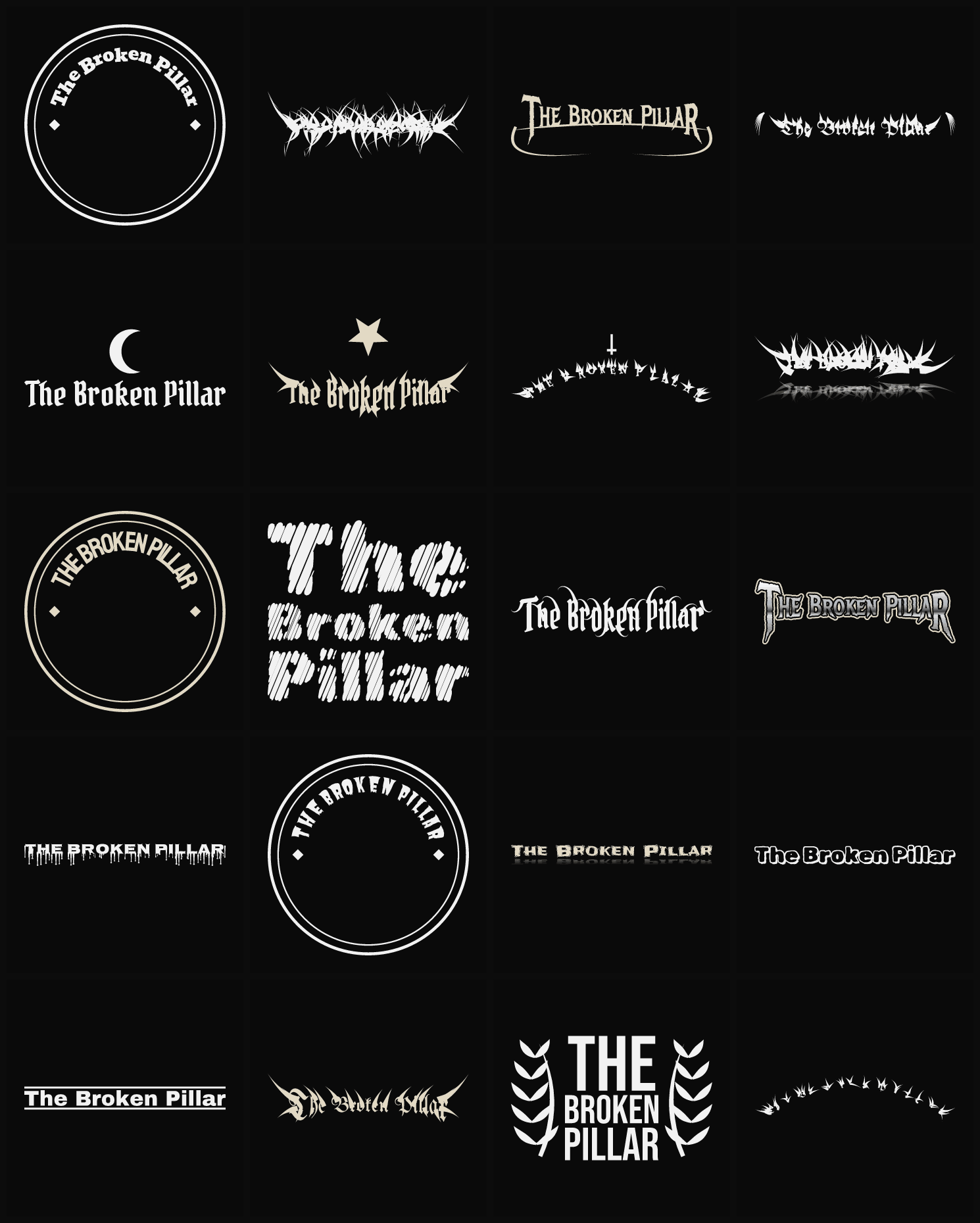 Twenty The Broken Pillar band logo ideas — different faces, treatments and spike settings