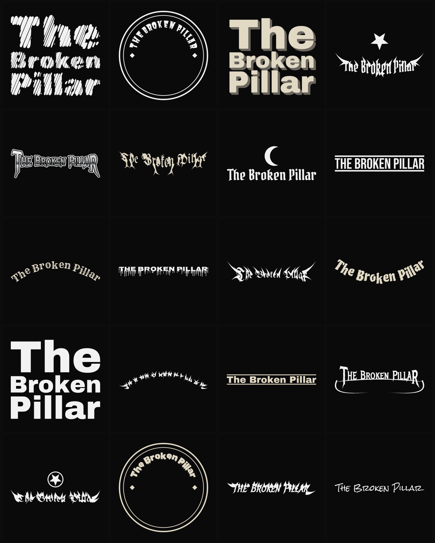 Twenty The Broken Pillar band logo ideas — different faces, treatments and spike settings