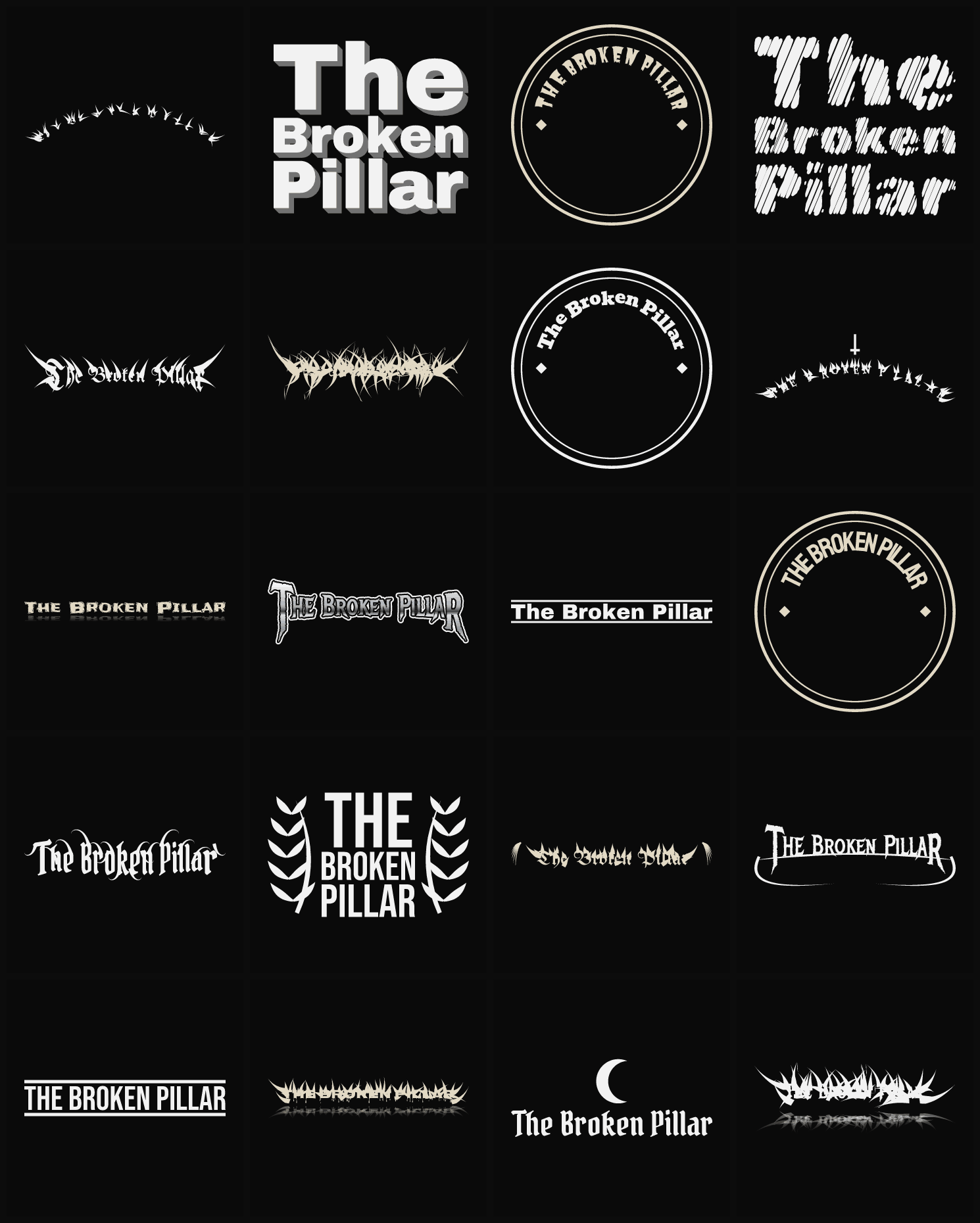 Twenty The Broken Pillar band logo ideas — different faces, treatments and spike settings