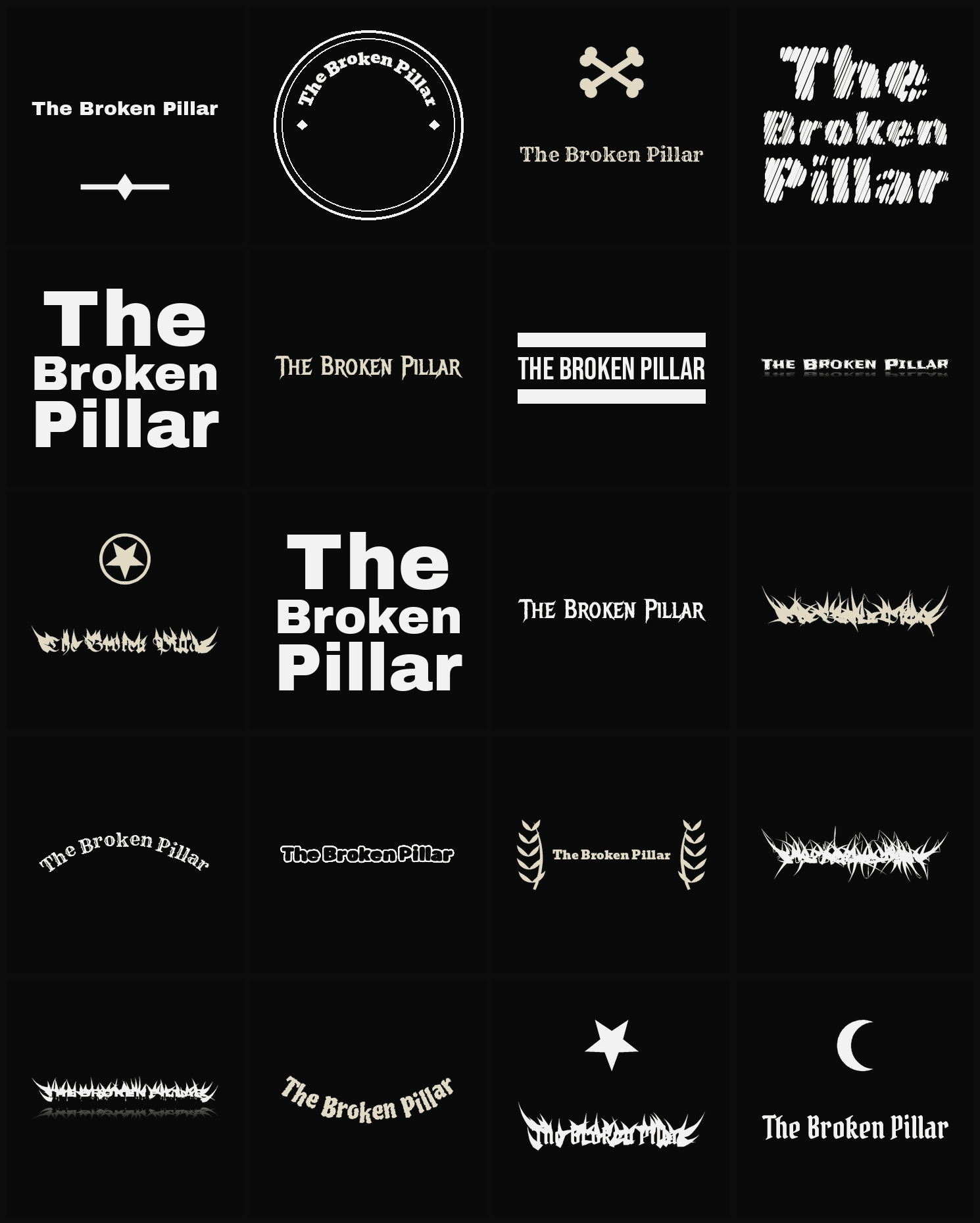 Twenty The Broken Pillar band logo ideas — different faces, treatments and spike settings