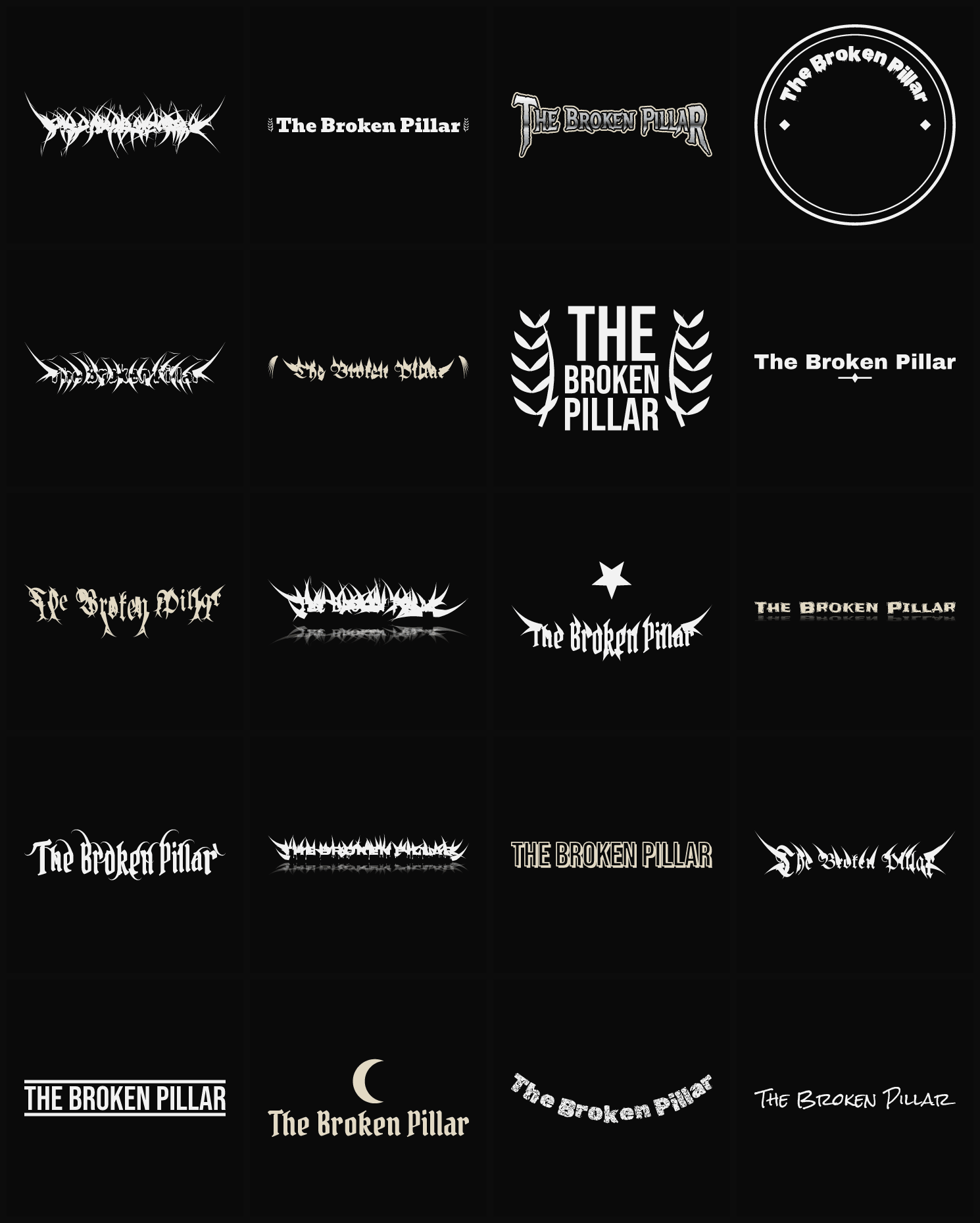 Twenty The Broken Pillar band logo ideas — different faces, treatments and spike settings
