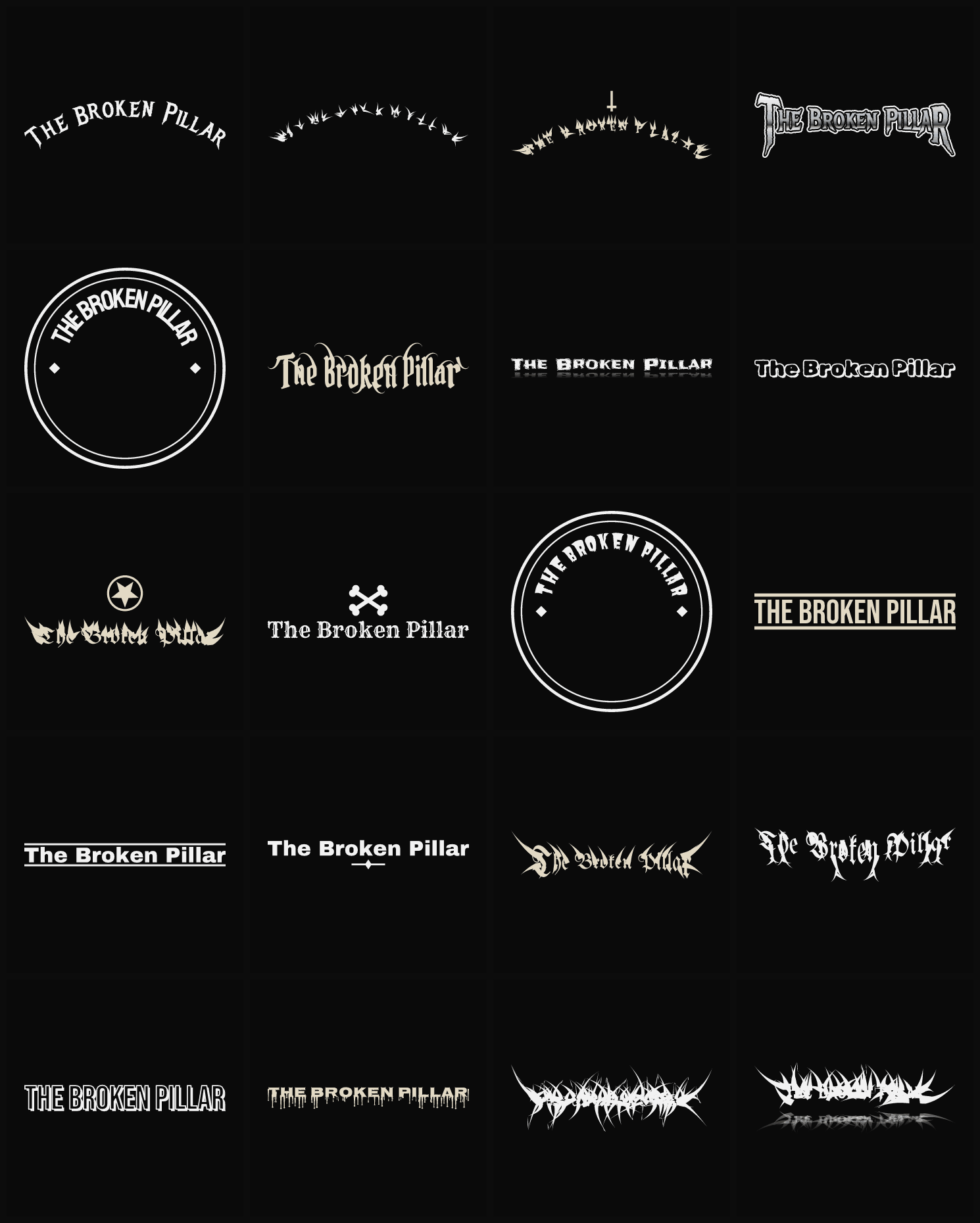 Twenty The Broken Pillar band logo ideas — different faces, treatments and spike settings