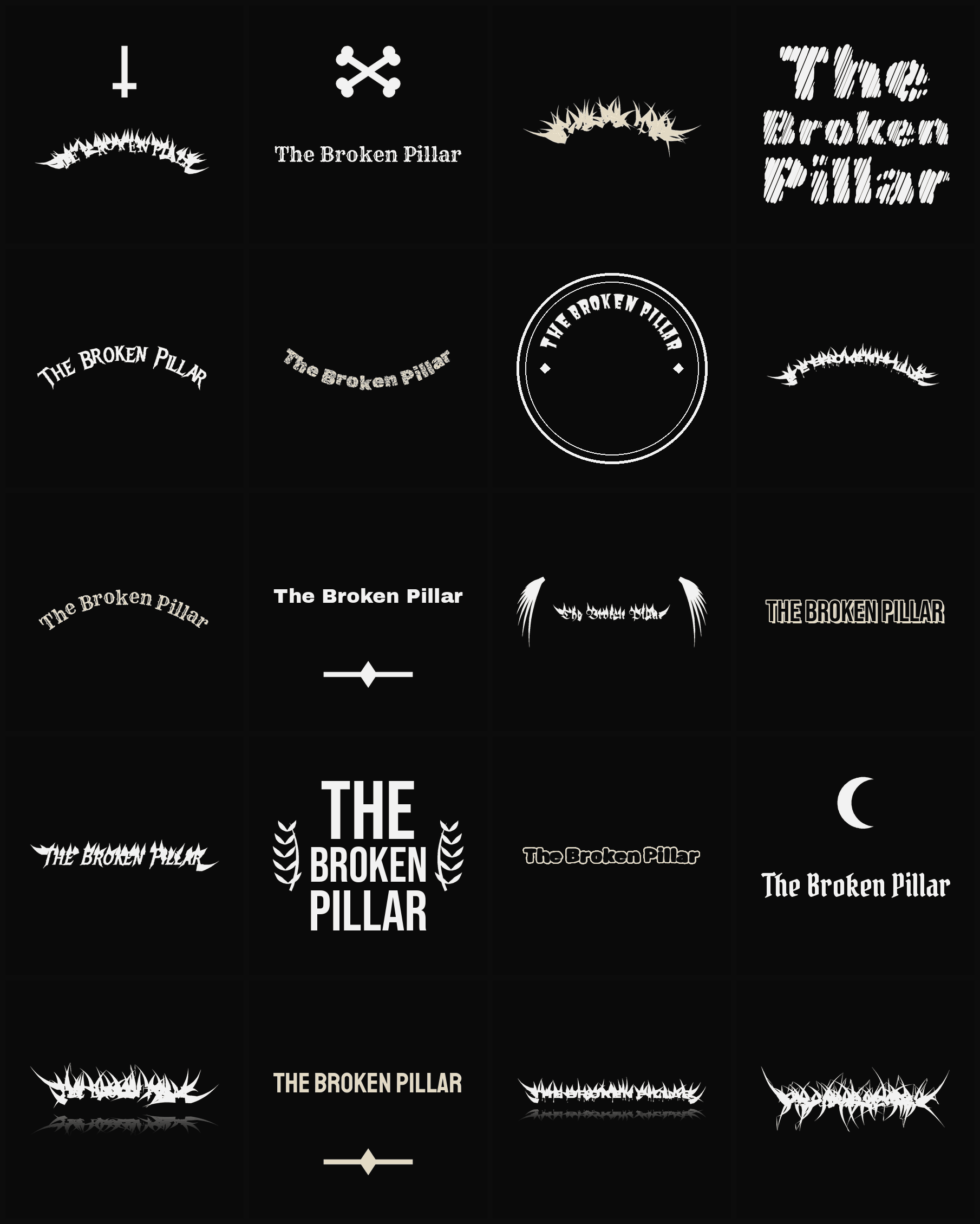 Twenty The Broken Pillar band logo ideas — different faces, treatments and spike settings