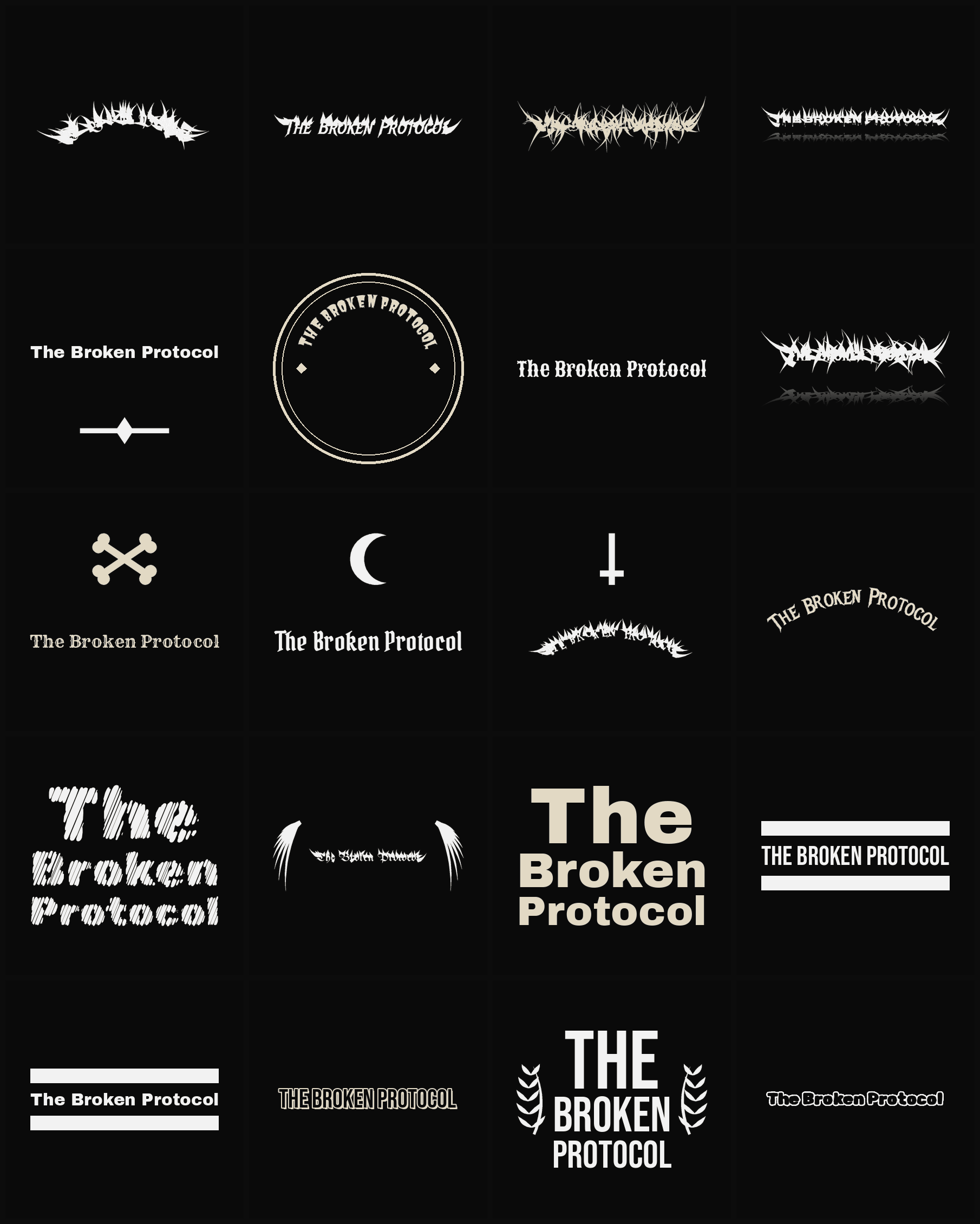 Twenty The Broken Protocol band logo ideas — different faces, treatments and spike settings